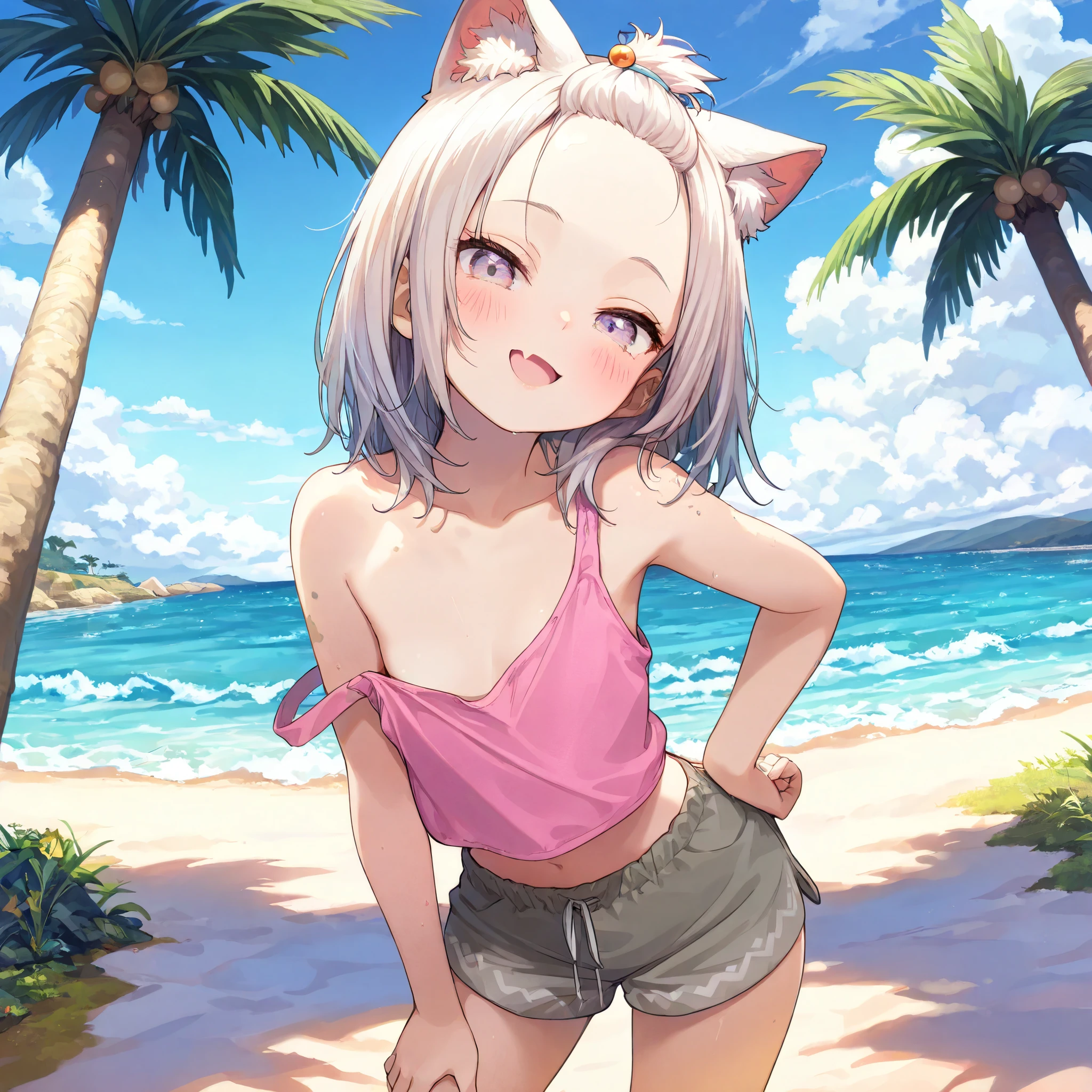 ((Masterpiece)), ((best quality)), (8K), (wide shot), (flat color, flat shading:1.2), (detailed background:1.2), (super detail:1.2),(High Definition:1.3), (Professional Photography:1.2), (very aesthetic:1.2), (absurdres:1.2), (sharp focus), ((1girl)),  age Girl, (Textured skin), (Realistic skin), (pale purple eyes, gradient eyes, upturned eyes), (platinum-gold hair), (bangs pinned back, cute forehead), gradient hair, blue color Hair Tip, (medium hair), small breast, (Healthy Gaunt body), (open mouth wide, skin fang), seductive smile, blush, (cute cheeks), glossy lips, pouty lips, (lower eyelashes), (tilt head), put on cat ears, Beautiful collarbones, BREAK, ((Oversized loose croptop, ish pale pink tanktop, strap slip)), (slightly exposed small chest), Ethnic gray shorts, ((place hands to hip)), ((contrapposto, legs apart)), outside the on the tropical country, Silhouette of palm tree, sunnyday,