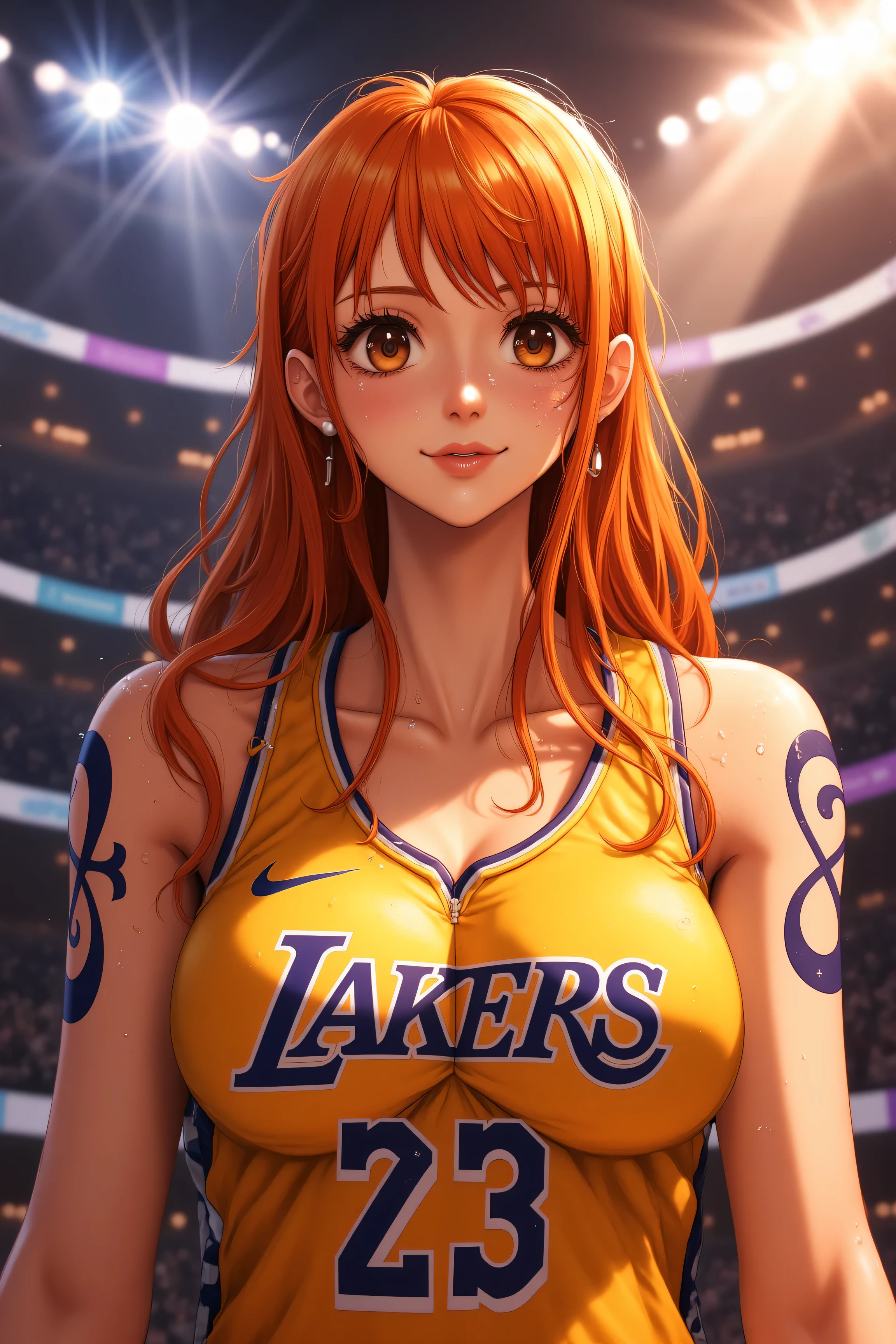 young woman wearing a yellow Los Angeles Lakers basketball jersey.
• She has long, orange hair, and her brown eyes stand out against her fair skin.
• Her face and body are covered in sweat, and she appears to be in an intense moment, possibly after physical activity.
• The setting appears to be an indoor basketball court or arena, with bright lights and a blurred background.
Location of Elements:
• The woman is positioned in the foreground, taking up most of the frame.
• Her face is tilted slightly upward, and she has a somewhat determined or exhausted expression.
• The Los Angeles Lakers logo is prominently displayed on her jersey.
• Bright lights in the top-left corner and reflections suggest a stadium or sports setting.
Additional Details:
• The sweat droplets are carefully illustrated, emphasizing heat, effort, or intensity.
• Her hair has strands falling over her face, adding to the dramatic, immersive feel of the scene.
• The lighting has a warm, golden glow, which could symbolize stadium lights or sunset lighting.
• The art style is highly detailed, with shading, reflections, and smooth color gradients. Big boobs, bigger sweets boobs,