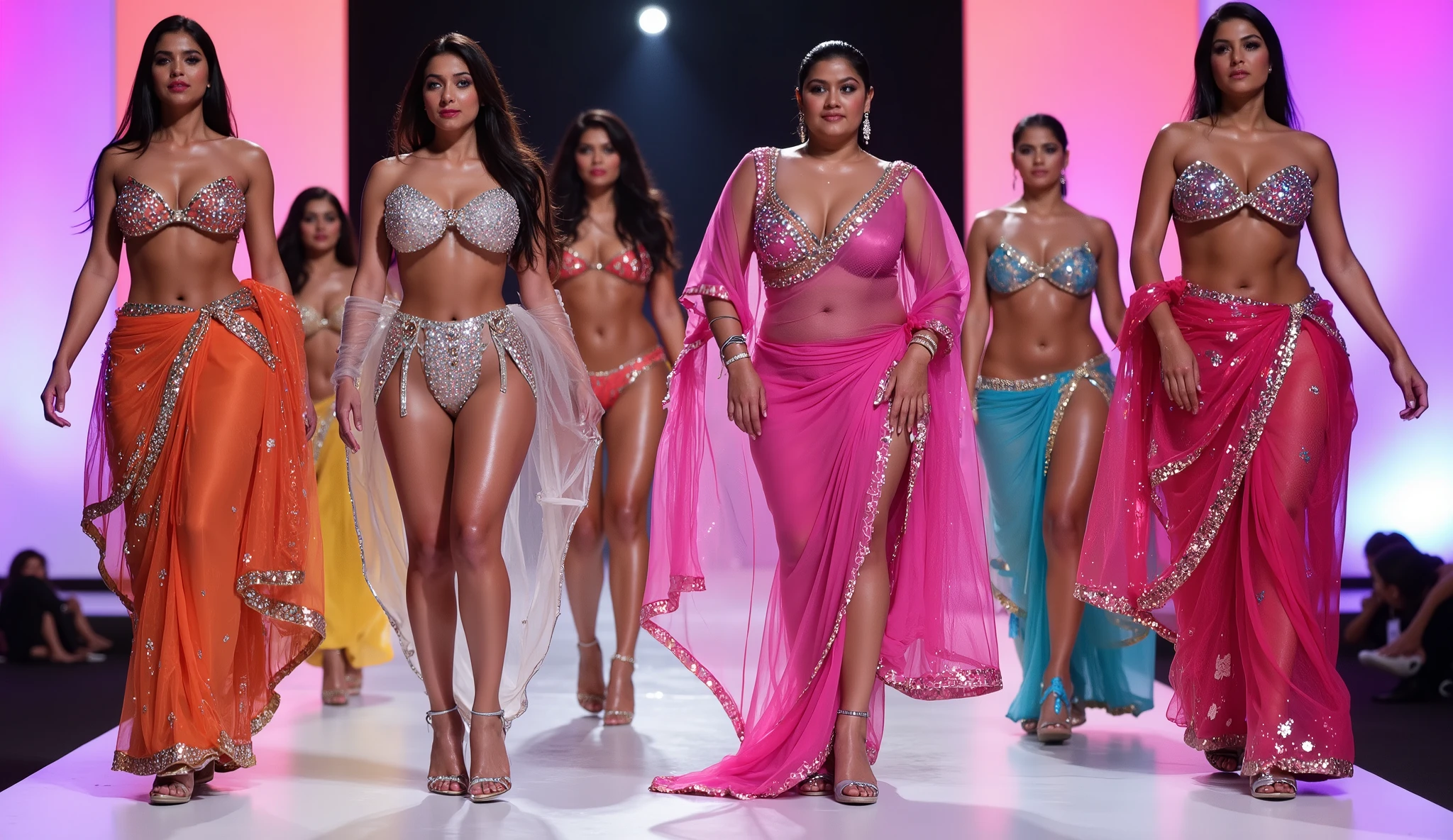 Sexy indian Bride's group with big breast and big butts exhausting brightness with realistic scene colorful saree and bikini costume , exhausting 👠 , closeup walking on ramp