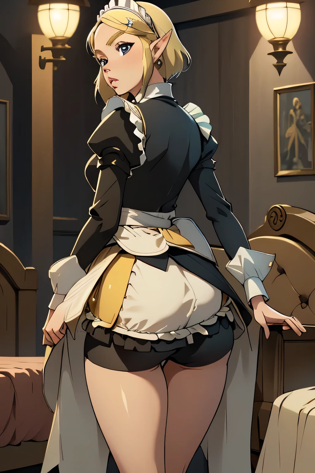 8K, high quality, Hyper realistic super detailed sexy, 2b, short hair,puffy sleeves, long sleeves, (detailed lighting, extremely detailed skin, extremely detailed hair, shadows, 8k), white hair, looking at viewer, (High Key Lighting); (Grinning smile) ,(((blush))))), Older sister's atmosphere、beautiful face, she has a bright smile、Shining Lipin Eyes, beholder, Fair skin, white skin: 1.5), Fine complexion, big, big, Chestnut hair color、headband bangs, , young, s asack-view、big ass、super breasts、H cup、lower hair、Rear view、exposed nipples、T-back that digs into your butt、thong lingerie、wear a white thong、white langerie、emphasize the buttocks、white collar calvin klein thong、cute long hairstyle、Leg covers、wear high heel boots、in the bedroom