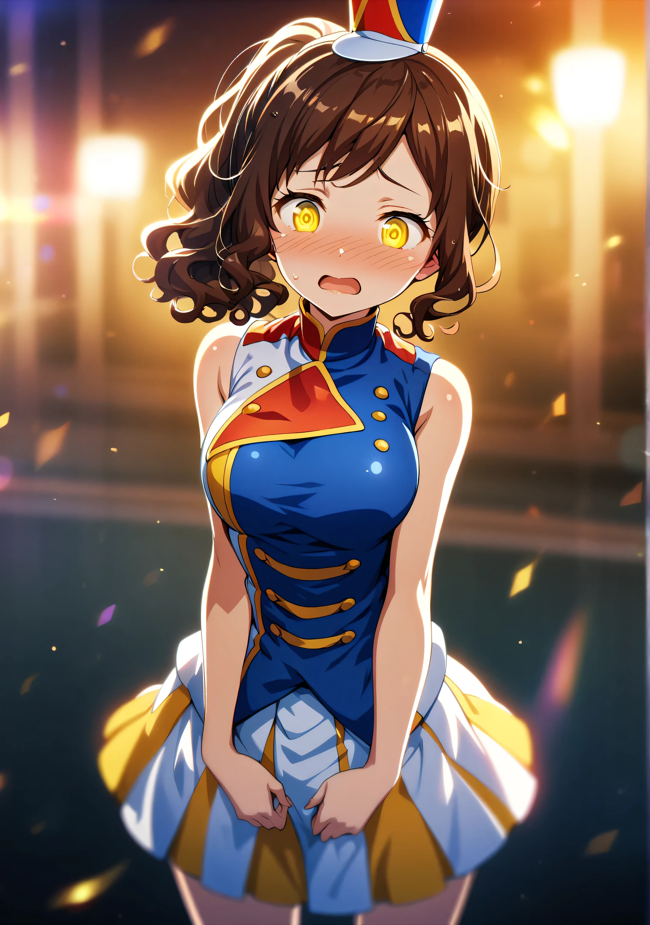 1 Girl, Game CG,
shallow depth of field, a portrait with a soft Gaussian blurred background, creating a dreamy atmosphere, focus on face, full body,
standing, Hem and haw, hands on own butt , looking bellow, embarrassed, nose blush, open mouth,
(Brown Hair, wavy hair, Left-side parting, low band ponytail, short hair, yellow eyes, Downturned eyes , Clear and Kind eyes,)
coy expression,
(sunfes,band uniform,mini shako cap,sleeveless,blue vest, glossy, shiny),
evening, bar, mellow light,
Firm breasts, High chest, collarbone, Intricate details, Perfect Contour,
Lens Flare, Cinematic Light Effects,
