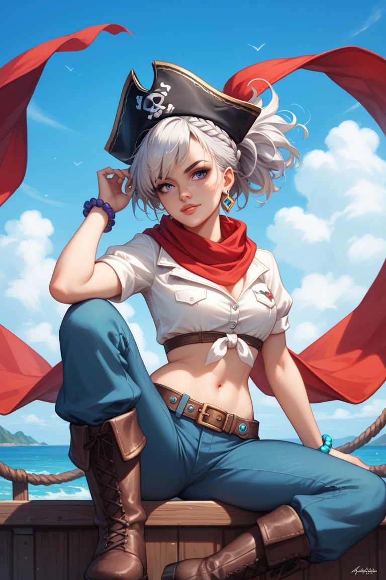 Girl, halfling girl, halfling, pale skin, short, short stature, very long hair, silver hair, straight hair that curls at the end, small breasts, pouty lips, masterpiece, best quality, dynamic pose, 8k, hair covering one eye, anime eyes, bright eyes, detailed eyes, big round eyes, blue eyes, realistic eyes, wind, windy, cute, sailer outfit, pirate outfit, short shorts, eyeliner, shy personality