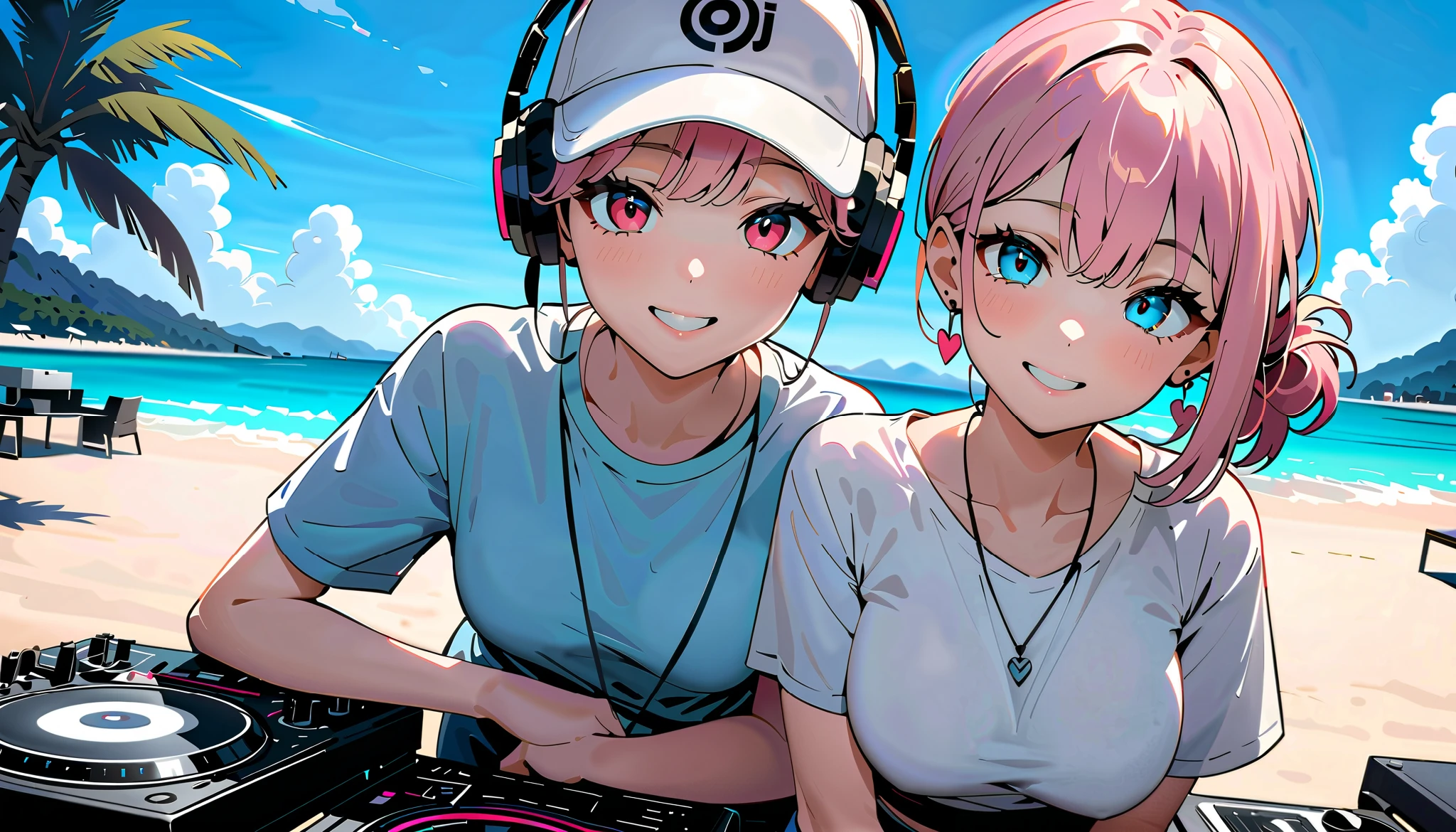( high quality, 8k, 4K,  High Contrast , masterpiece:1.2, 最 high quality,  Best Aesthetics ),High angle shot, ((1 female:1.4)),(( DJ equipment operation :1.5)), (( blue sky beach background :1.3)), ( loose fit white color shirt :1.1), ( simple baseball cap ) ,DJ headphones , (( Flat color )), High Contrast ,  contrasting colors , ,  light pink and blue lights , pink hair,  red eyes ,  denim shorts ,  Looking at the Audience , ( most beautiful smile ), sleepy eyes, (( Short Hair )) , ( hair tied up),  small heart-shaped earrings on both ears,  bright eyeshadow , necklace,young