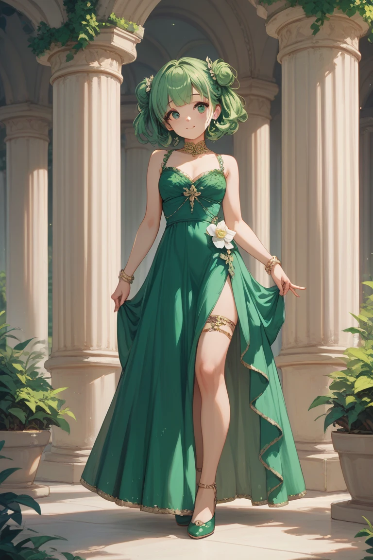 Create an image of a girl with green hair in a ponytail and cat ears, blue eyes, wearing a sexy cheongsam dress, holding a bouquet of flowers, full-body, high quality, with a celebratory atmosphere