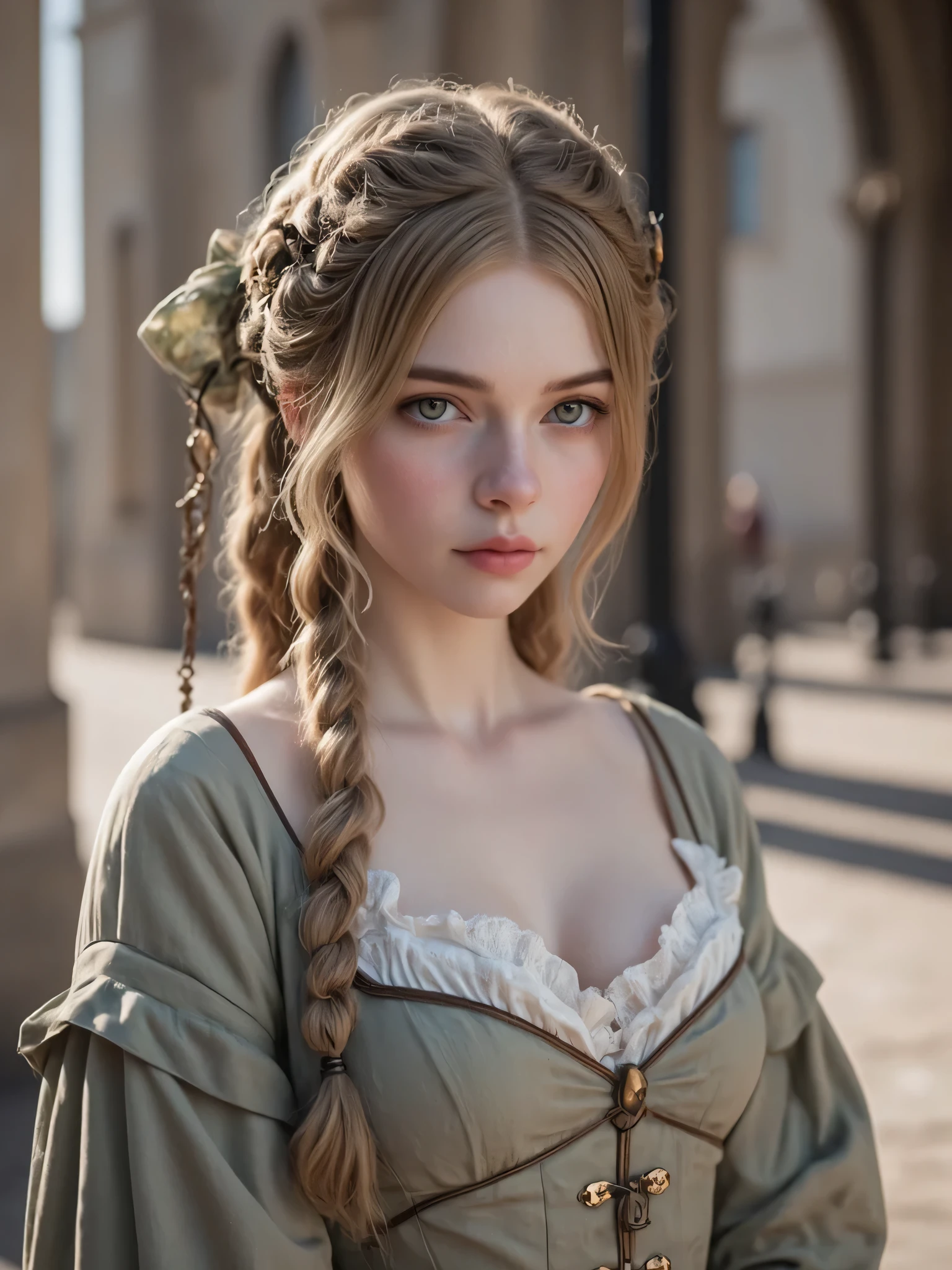one girl , masterpiece, top quality , 8k, shows off the cathedral with a delicate skin texture , detailed cloth texture, beautiful detailed faces from faces and clothes、Outdoor shooting, ultra detail , European style girl, green eyes, Blonde braids 】, 3D character steampunk