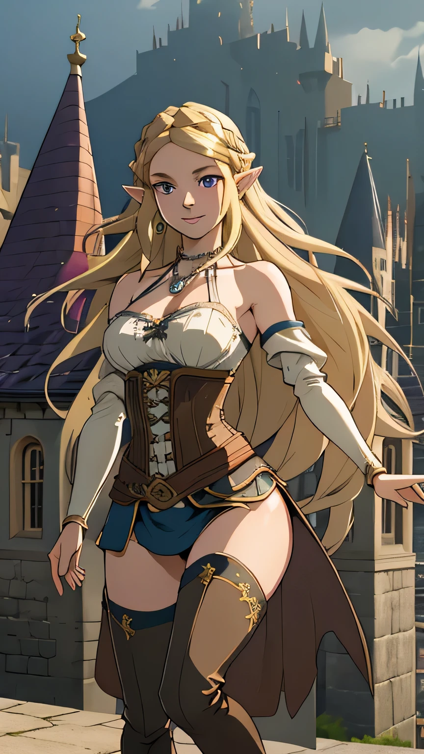1girl in, 21, princess Zelda, photo of perfect woman, portrait, looking straight at camera, 5'3", Solo, Aesthetic artwork, (blond, straight blonde hair, waist length blond hair:1.25), (clear skin, pale skin, small breasts, B-cup, runners body, very thin waist, skinny, petite, detailed skin texture, shy smile, (Masterpiece, focus on breasts:1.2), (wearing full length wizard robes purple, corset, bare shoulders, thigh high boots, chains:1.1), (dancing pose:1.21), (detailed Castle roof background:1.1), rooftop, overlooking medieval city, (extremely detailed 8k wallpaper), evening outdoor lighting, high quality, film grain, Fujifilm XT3 sharp focus, f 5.6, 50mm, High Detail, Sharp focus, (natural light), crazy details, complex details, hyper detailed