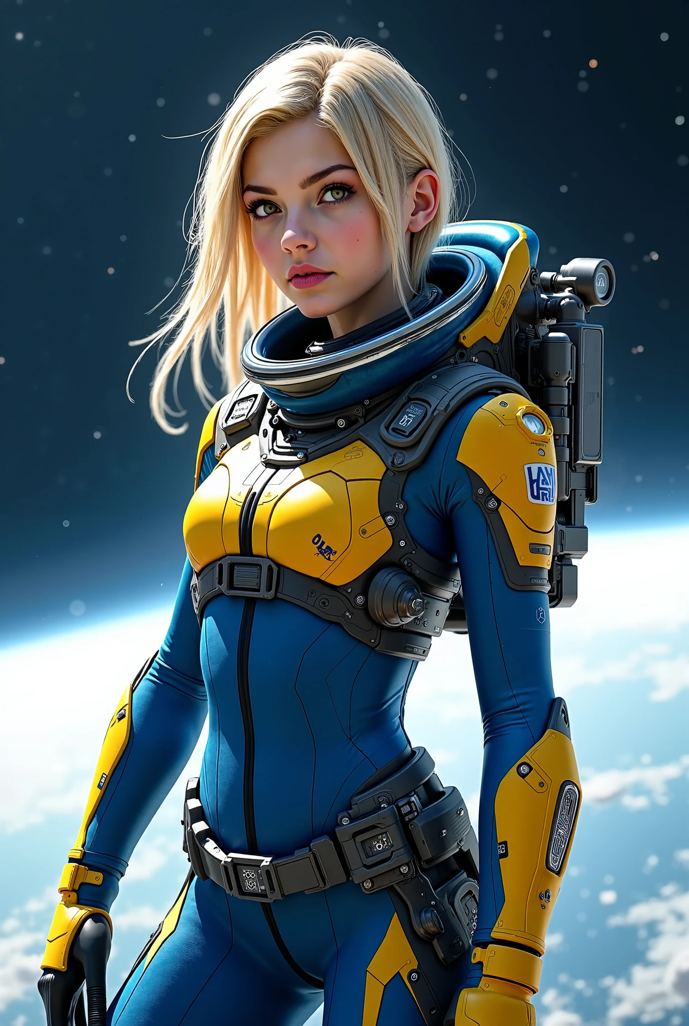 Arafed woman in a space suit standing in front of a planet - SeaArt AI