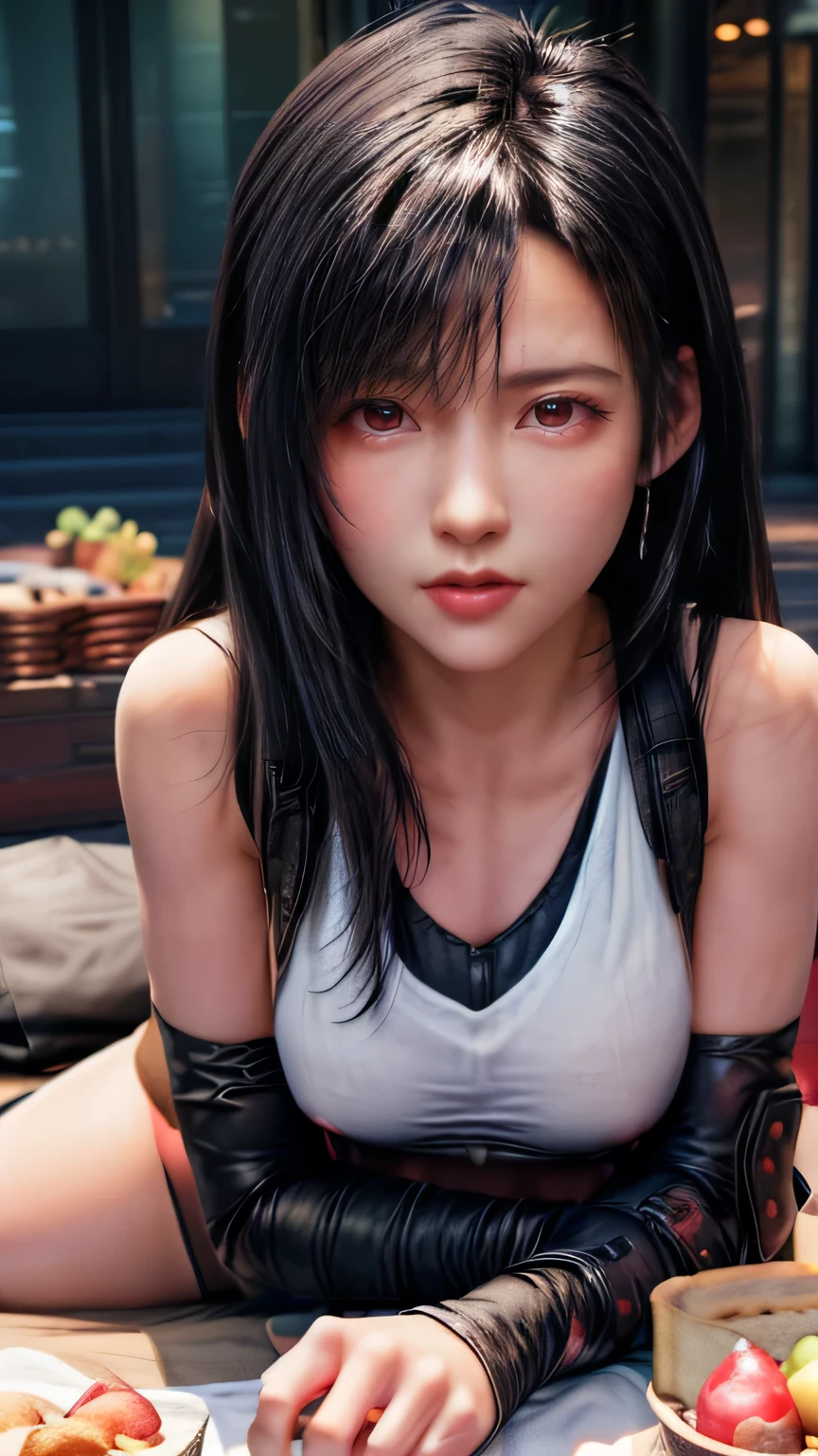 Anime girl with long black hair sitting at a table with a plate of ...