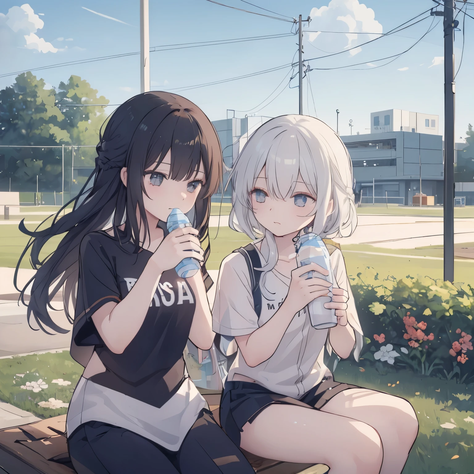 Two soccer players sitting on a wooden bench at the side of a soccer field. One girl, with short hair, is holding a water bottle and looking concerned, while the other girl, with long hair tied in a ponytail, leans forward slightly, listening intently. They are wearing matching white and blue uniforms. The background features a bright afternoon sky, green grass, and teammates practicing in the distance. The art style is anime, with soft lighting and detailed facial expressions to emphasize their emotions