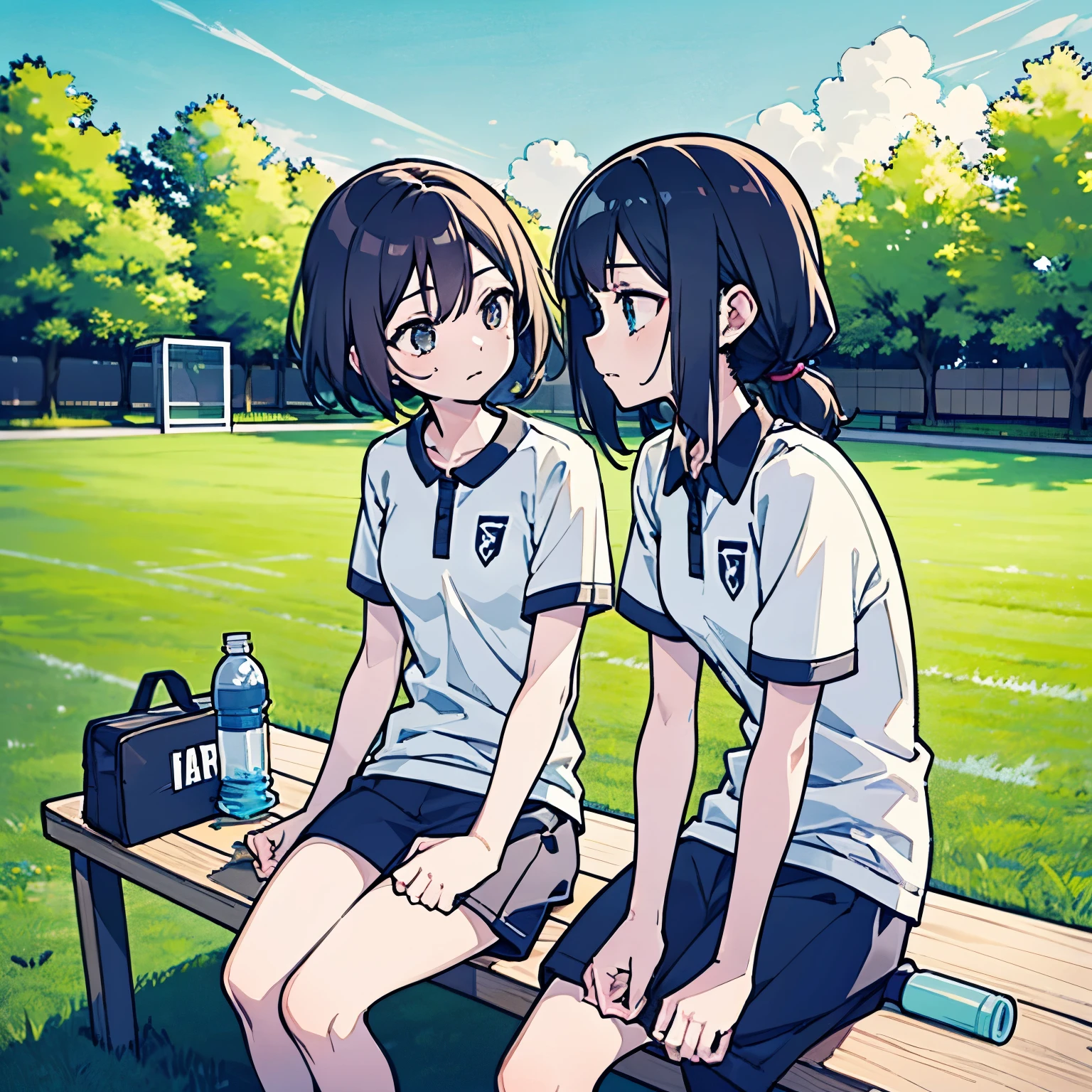 Two soccer players sitting on a wooden bench at the side of a soccer field. One girl, with short hair, is holding a water bottle and looking concerned, while the other girl, with long hair tied in a ponytail, leans forward slightly, listening intently. They are wearing matching white and blue uniforms. The background features a bright afternoon sky, green grass, and teammates practicing in the distance. The art style is anime, with soft lighting and detailed facial expressions to emphasize their emotions