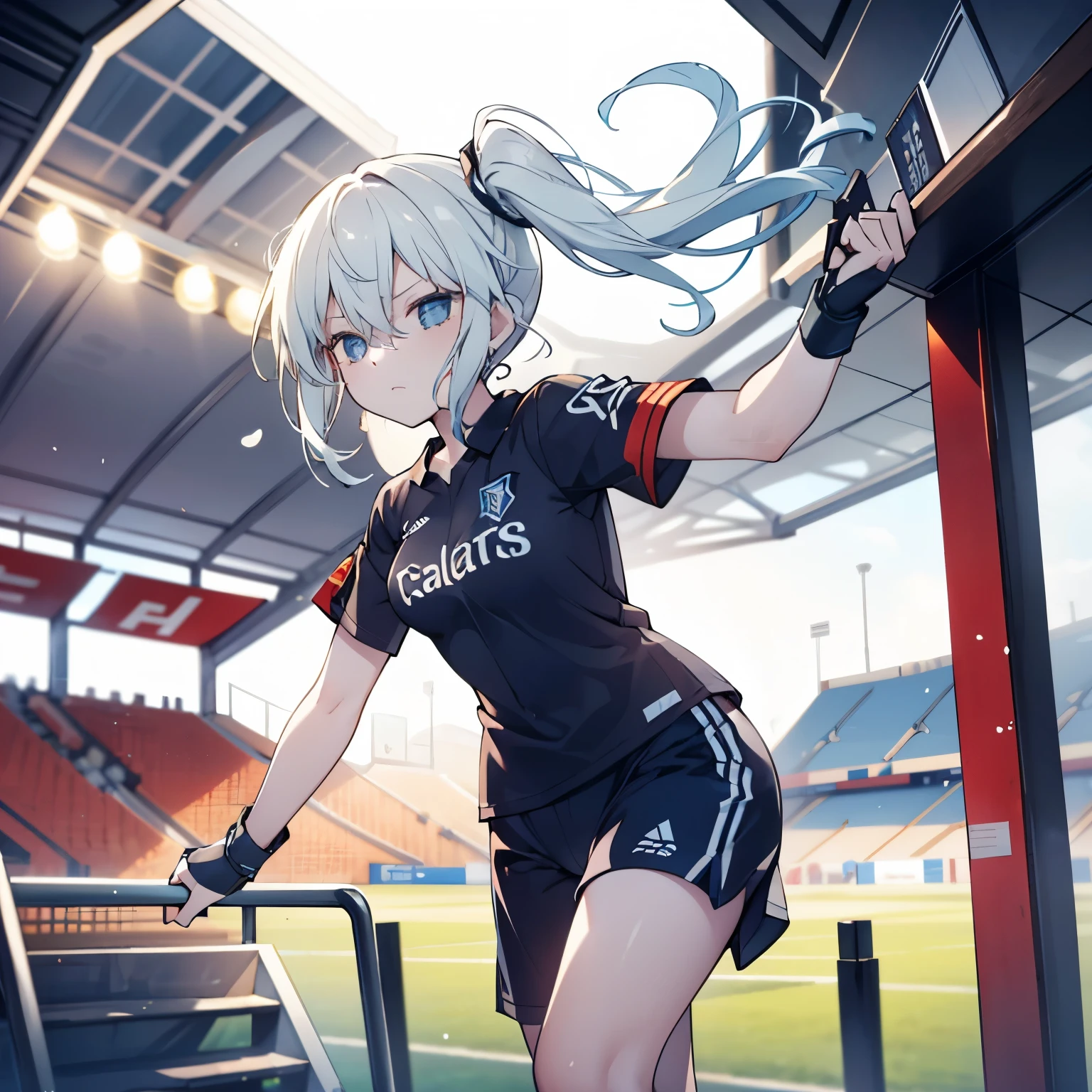 A determined  soccer player in a white and blue uniform, standing in a soccer stadium, preparing to take a penalty kick. Her right leg is extended back, ready to strike the ball, her eyes focused on the goal. The goalkeeper stands tense in front of the net, wearing a contrasting jersey. The stadium lights cast a dramatic glow, and the crowd in the background is blurred, creating an intense atmosphere. The scene is captured in a dynamic anime style, with motion blur on her kicking leg and the ball. The perspective is slightly low-angle, emphasizing the tension of the moment