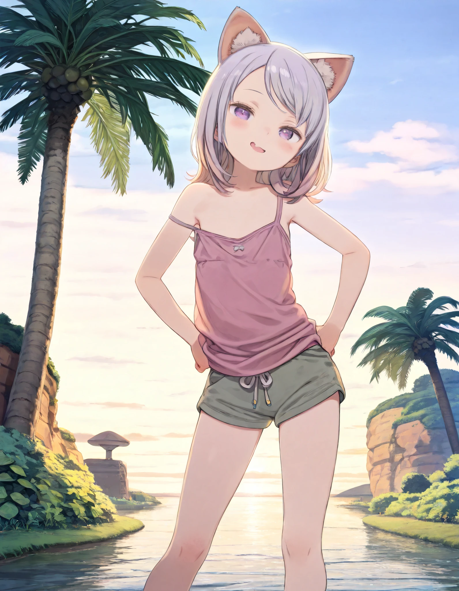 ((Kuroboshi Kouhaku Style)), ((Masterpiece)), ((best quality)), (8K), (wide shot), (detailed background:1.2), (super detail:1.2),(High Definition:1.3), (Professional Photography:1.2), (very aesthetic:1.2), (absurdres:1.2), (sharp focus), ((1girl)), e age Girl, (Textured skin), Realistic skin, Big eyes, (pale purple eyes, gradient eyes, upturned eyes), (platinum-gold hair), (loose swept bangs), gradient hair, blue color Hair Tip, (medium hair), small breast, (Healthy Gaunt body), (open mouth wide, skin fang), seductive smile, blush, (cute cheeks), glossy lips, pouty lips, (lower eyelashes), (tilt head), put on cat ears, Beautiful collarbones, BREAK, ((Oversized loose croptop, ish pale pink tanktop, strap slip)), (slightly exposed small chest), Ethnic gray shorts, ((place hands to hip)), ((contrapposto, legs apart)), outside the on the tropical country, Silhouette of palm tree, sunnyday,