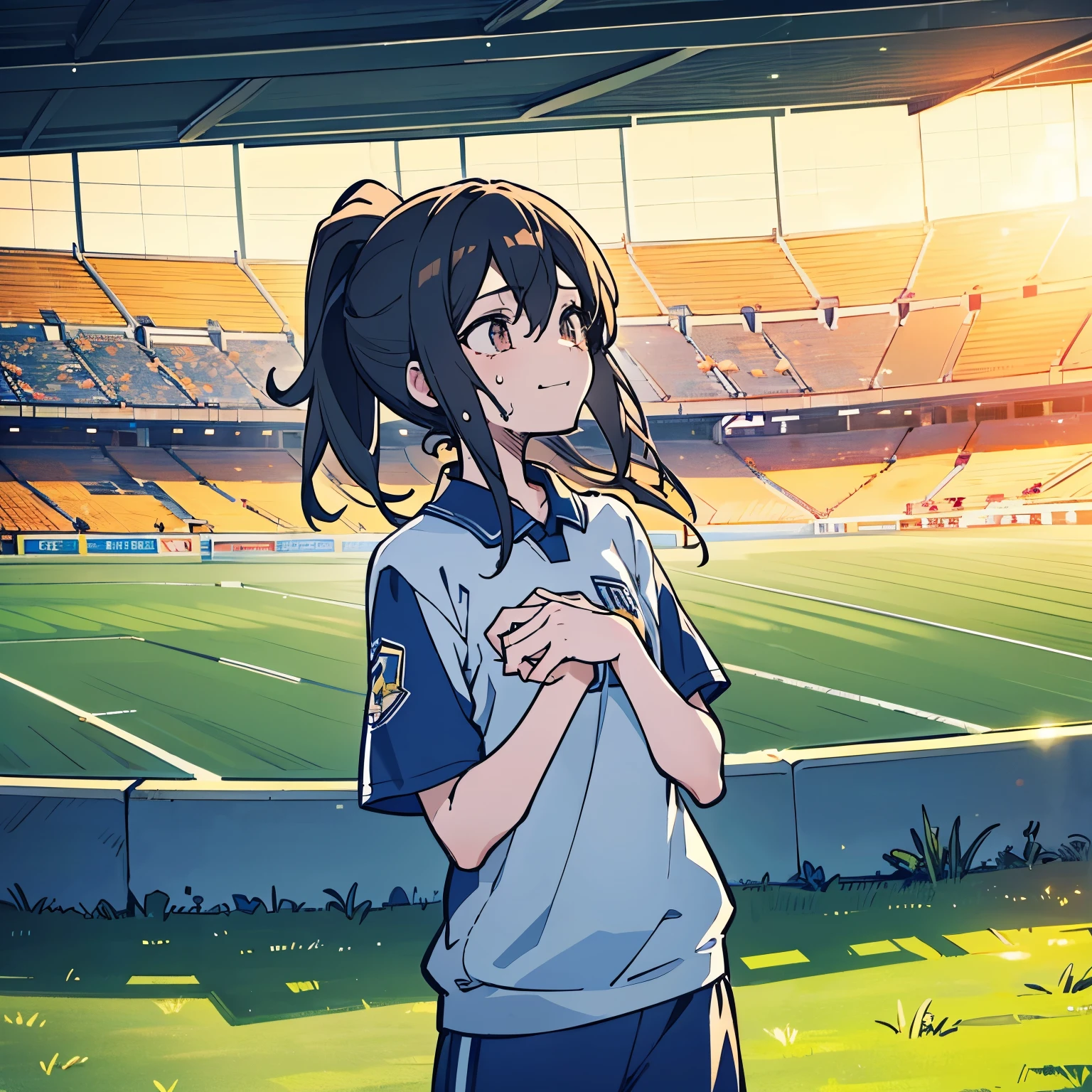 A soccer player with a slightly messy ponytail, wearing a white and blue uniform, standing on the soccer field after a match. She is sweating but smiling, looking up at her mother, who is dressed in casual clothes. The mother has a warm, proud smile, placing her hand gently on the girl's shoulder. The sun is setting, casting a warm orange glow over the field. The soccer goal and a few teammates celebrating in the distance are visible in the background. The image has a soft, heartfelt anime style, emphasizing emotions with a slight lens flare effect.