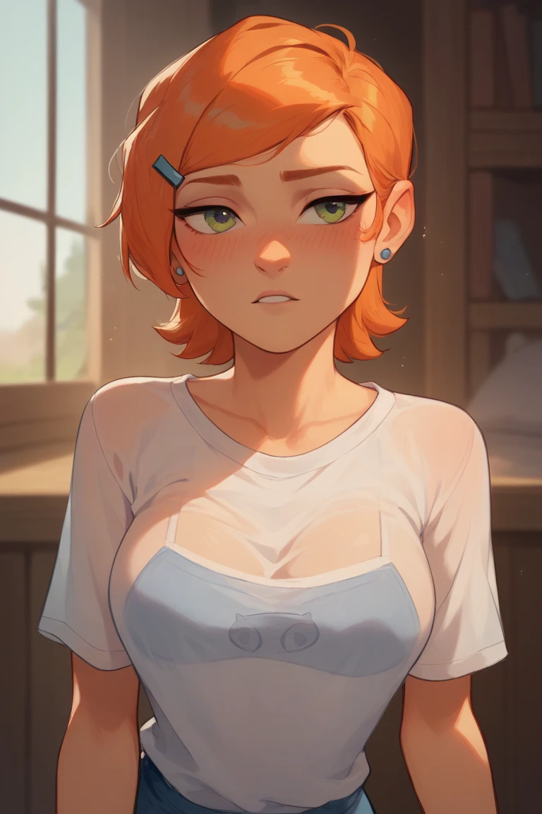 Une jeune adolescente en sueur, poitrine apparente, very thin, with a very ??????????? tank top stuck to her skin, raises your arms to show your armpits