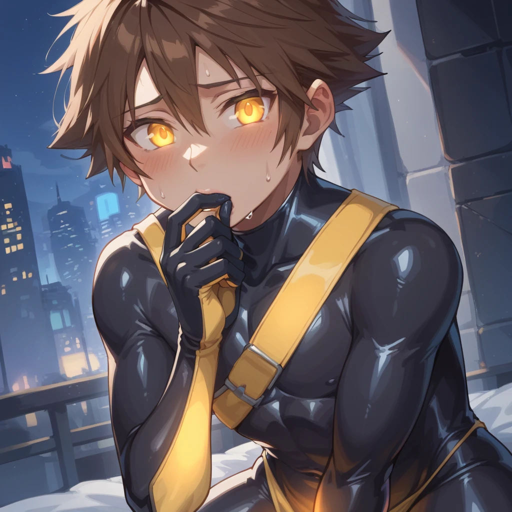 Kingdom hearts、((sky))、Arms behind back、Yellow glowing eyes、sweating、Black drip、（A young boy is restrained and has a large erection、On all fourouth gag、first round）、naked、Brown Hair、cute、Spiky hair、Are crying、Looks disgusting、（（A tight-fitting rubber suit、））Night cityscape、sexy、from the front