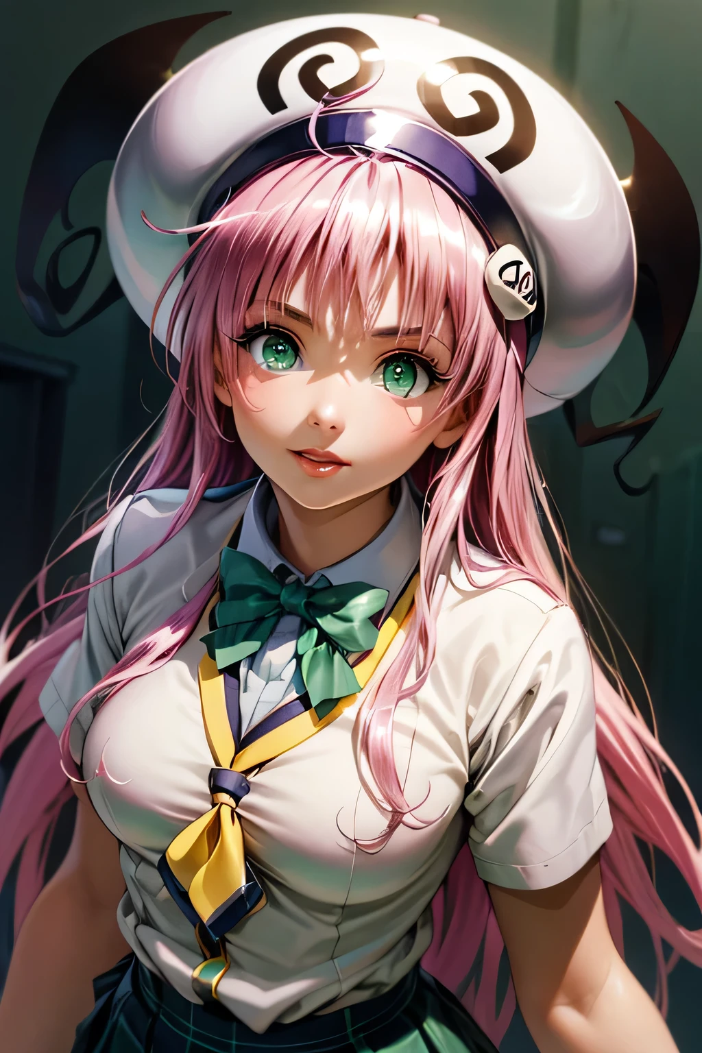 top quality, highest resolution ,(((metallic shiny school uniform shiny pink hair shiny skin green eyes girl hat)))