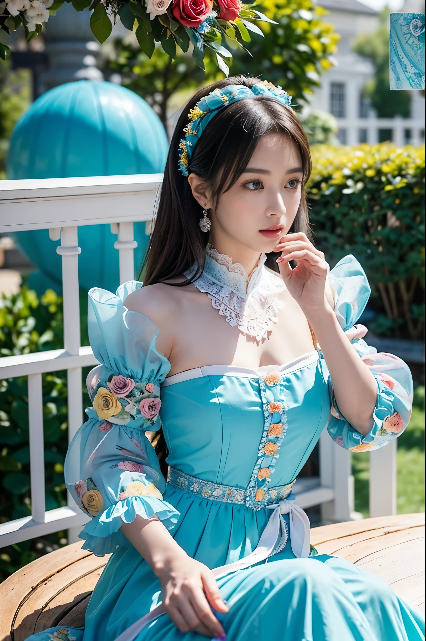 (​masterpiece、top-quality、top-quality、Official art、Beautifully Aesthetic:1.2)、(One girl:1.3)、A highly detailed、(Fractal Art:1.1)、(colourfull:1.1), (florals:1.3)、The most detailed、(Zentangle:1.2)、full body Esbian、(Blue sky and rose garden:1.3)、(shinny skin)、(Many colors:1.4), (pluma:1.5)、​masterpiece、top-quality、top-quality、Official art、Beautifully Aesthetic:1.2)、(1girl in)、ighly detailed、(Fractal Art:1.3)、colourfull、highestdetailed、long、A dark-haired、big eye、Women in Japan、(Ruffle frills, extremely detailed Chiffon Lace Ribbon Suspenders, (turquoise blue and yellow Stripe Design Pastel Coloring extremely detailed dress),extremely detailed Big Ribbon Headband, extremely detailed Open Colorborn, extremely detailed puff sleeves, extremely detailed Tied thin ribbon corset, extremely detailed Balloon skirt, extremely detailed White Net Tights, Colorful star-shaped bead accessories)、Cute table、Drinking tea、Tea、teapot、macaroons, You can see the castle behind