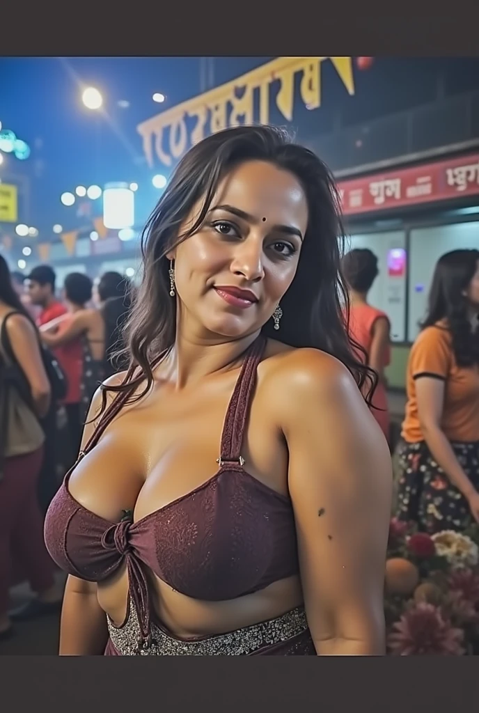 An 18 year old topless short indian slut, baby face, Surrounded by men, tight black shorts, full body shot, topless, choker necklace, hoola earrings, slim waist, short hair, voluptuous body, large breasts, white cream dripping from mouth, erotic pose, crowded street, dramatic lights, erotic pose, detailed face, detailed body, master piece, high quality, 8k, photorealistic, detailed portrait, cinematic lighting, topless, photography by Army Freytag