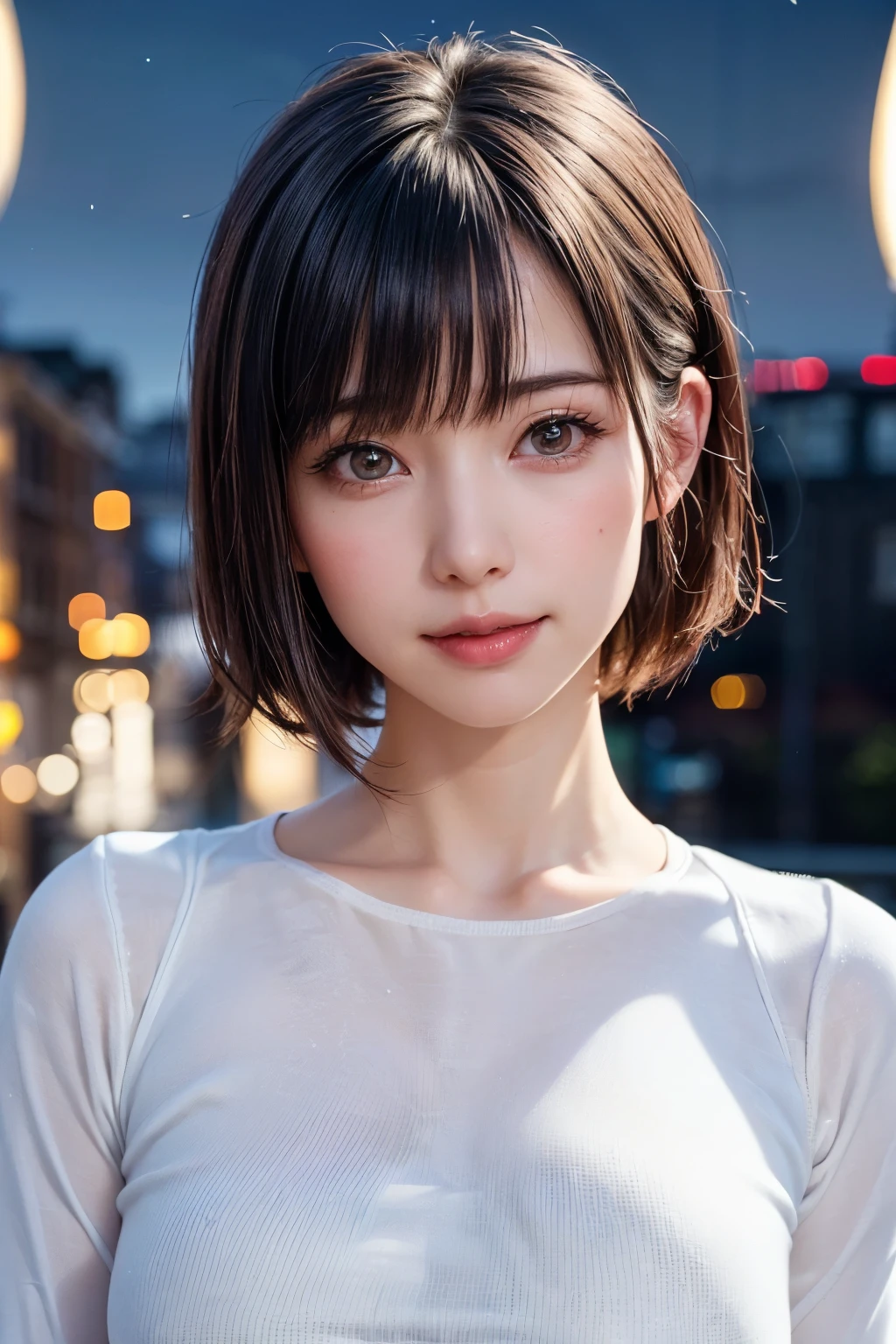 (Ultra-realistic), (figure), (High resolution), (8K), (Very detailed), (Best figure), (Beautiful and detailed), (Highest quality), (Super detailed), (masterpiece), (wallpaper), (Detailed face), alone, One Girl, watching viewer, Trendy clothes,Fine details, Detailed face, In the Dark, Deep Shadow, Modest, Pure Erotic Face Ace_v1, cool, short hair, Pointed diagonal bangs,Aoyama Street