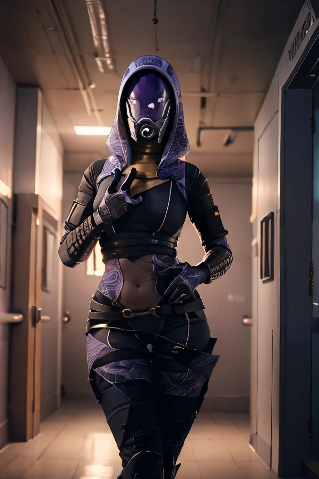 hyper realism, 8k cinematic, 4k quality, great anatomy, detailed hands, proportion anatomy, no nudity, full body, curvy woman wearing ski mask and purple body armor, holding a large machine gun, gloomy bank setting