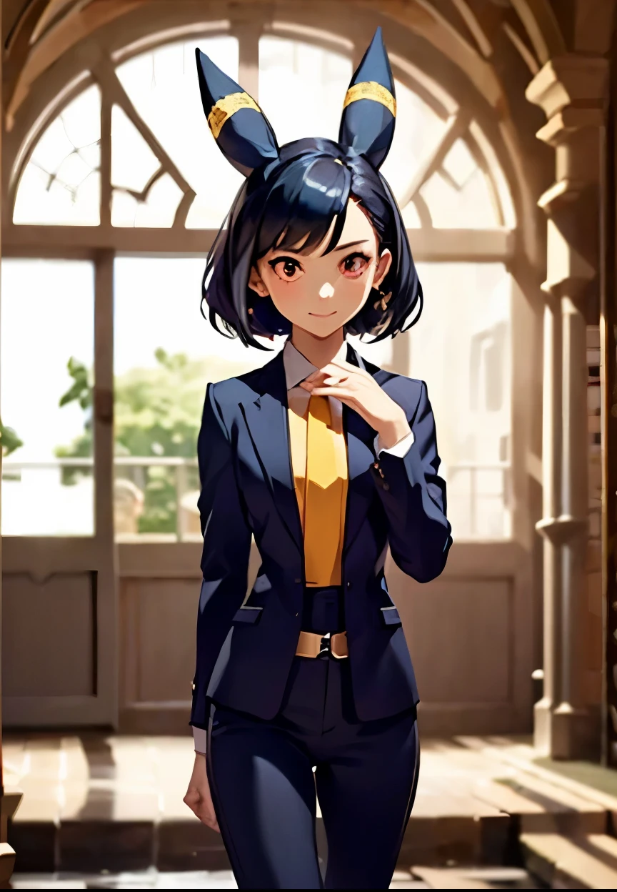 A dramatic wedding scene on a majestic altar , with a woman inspired by the style to cheer up confidently under a soft golden light that filters through the glass frosted. Character Description :
- Jet black hair cut in a pixie in the back with a shiny texture ,
- Vibrant red eyes that shine slightly in ambient light ,
- Ears similar to those of an Umbreon ( black buttocks with a horizontal yellow stripe in the center ),
- A seductive and sharp smile , elegant facial features ,
- Tight black dress ( white, black jacket , black pants) that highlights her thin waist , flat chest and small hips , accentuating her toned and sculpted ,
- A pastel pink silk tie that adds a touch of color to the only romantic outfit .
Details of the stage :
- El altar está decorado con rosas whites , ivy garlands and crystal chandeliers , creating a romantic but slightly gothic atmosphere ,
- A soft haze near the floor mixes with rays of golden light ,
- Behind her , a frosted glass window with heavenly patterns in deep blue and gold ,
- Blurred silhouettes of guests dressed with label in the background , focusing attention on her ,
- Floating flower petals ( white and pale pink ) around the scene .