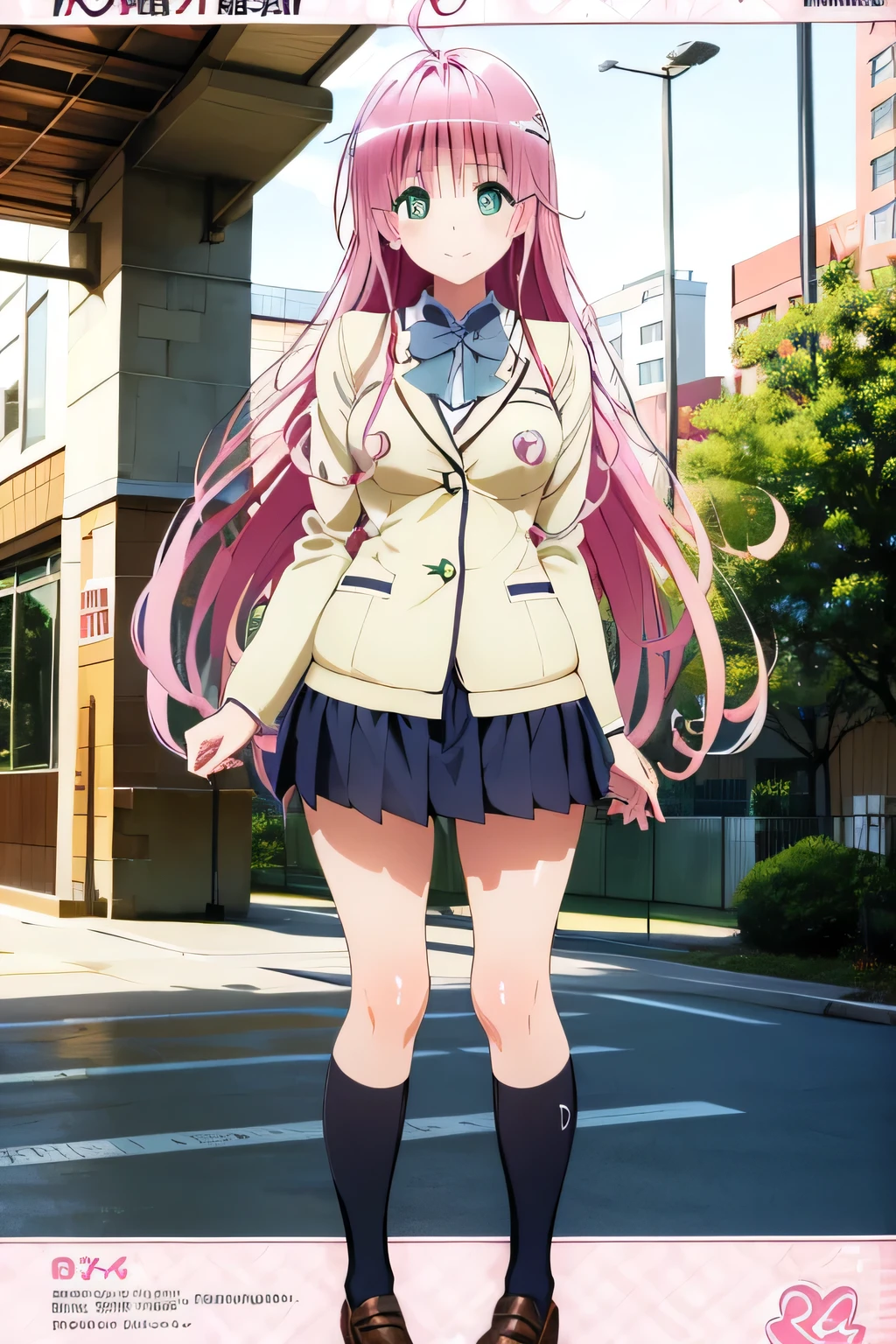 top quality, highest resolution ,(((metallic shiny school uniform shiny pink hair shiny skin green eyes girl)))