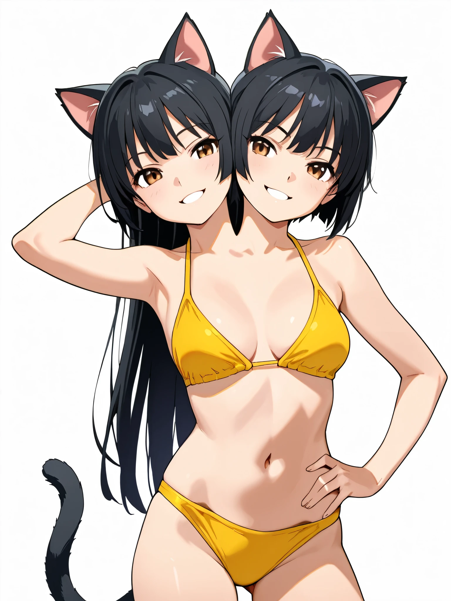 1girl, boyish style, young, short black hair, wearing tiny bikini, sexy, petite body, wide hips, feline, cat, furry