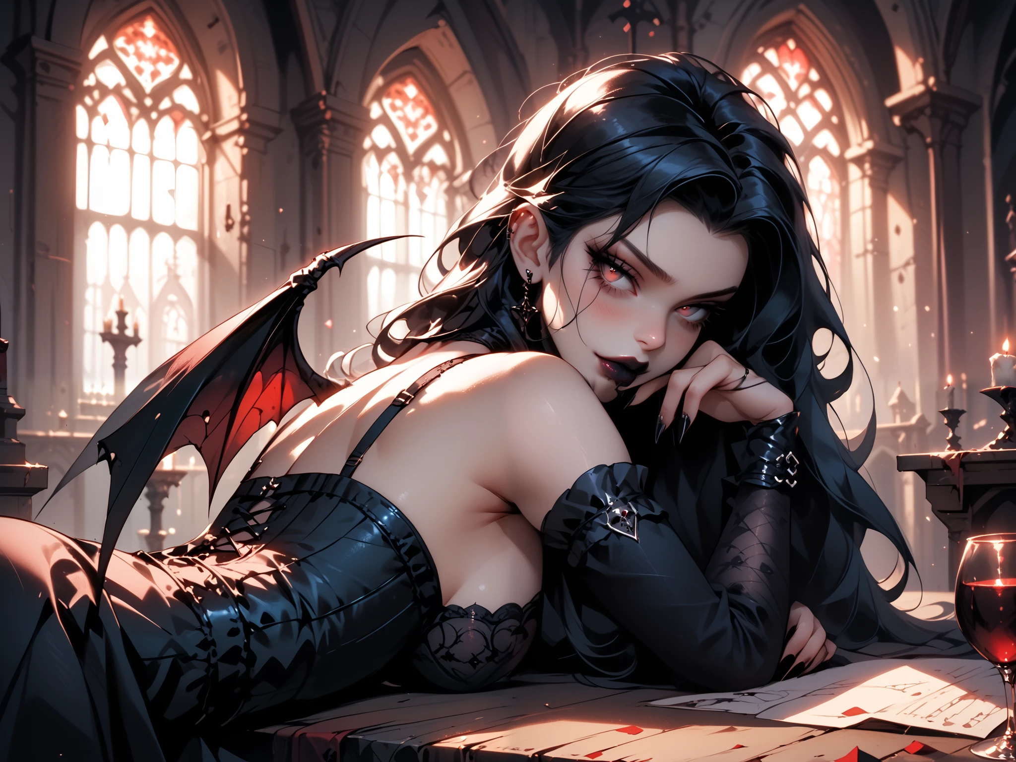 Gothic girl in the image of a vampire, 19 years old, black long hair, third size breasts, perfect figure, vampire wings behind, lying sexually on a table against the background of an abandoned church, dressed in short sexy gothic thong and bra, rear view