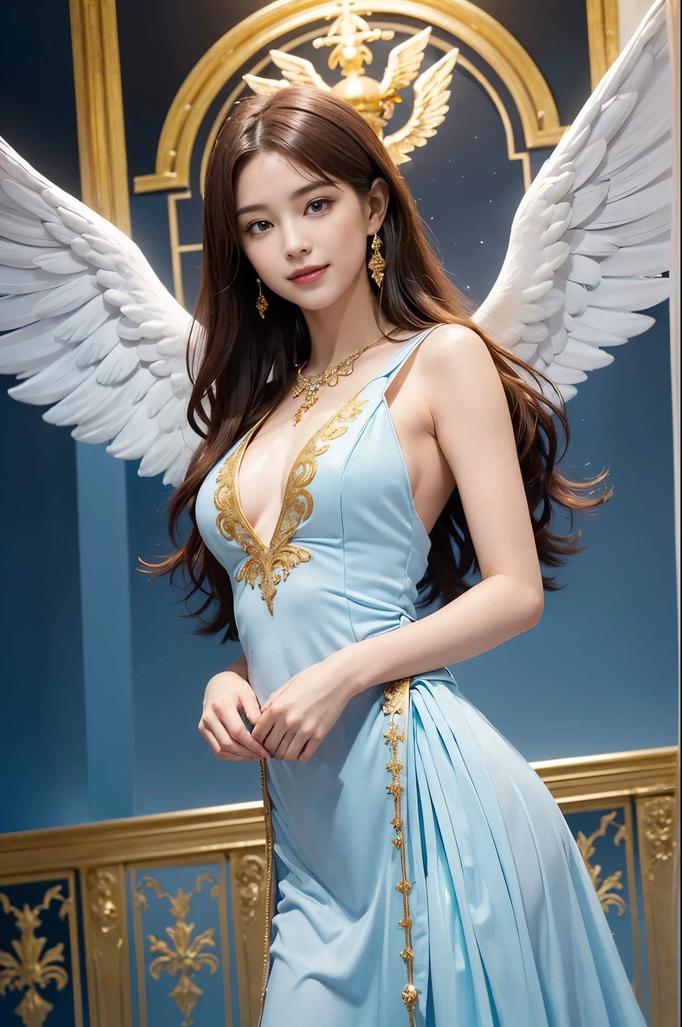 Youngh, brown skin, dark brown hair, wavy hair at the ends, latina americana, Brazilian, green eyes, face perfect, perfectbody, medium breasts, perfect ass, dressed in a turquoise blue tunic, angel armor, archangel wings, sword in right hand held up, gold armour, gold tiara on head 