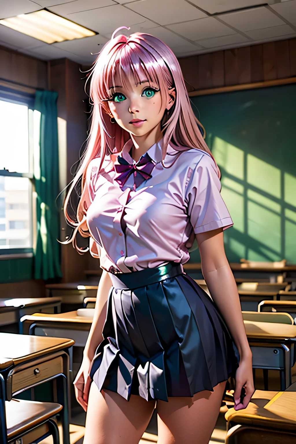  top quality, highest resolution ,(((metallic shiny school uniform　shiny pink hair　 shiny skin　 green eyes　 girl)))