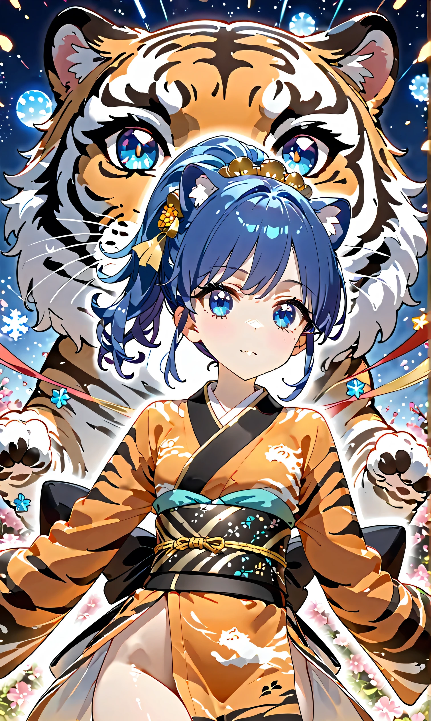 (masterpiece, best quality, highly detailed, ultra detailed, high resolution, absurdres, 4K, 8K:1.2), (official art, incredibly fine illustration, extremely detailed CG, detailed background, cinematic lighting, dynamic angle, perfect hands, detailed shiny skin, detailed hair, detailed eyes)(extremely awesome detailed pretty li face,beauty face)(extremely detailed)(Three-dimensional depiction) BREAK,sfw, Kiriya Aoi, a girl wearing a very beautiful tiger kimono, tiger kimono, luxurious obi, clothes, small breasts, , blue hair, blue eyes, side ponytail,, best shot, up from the chest, gaze, , NO nude: 2.2,