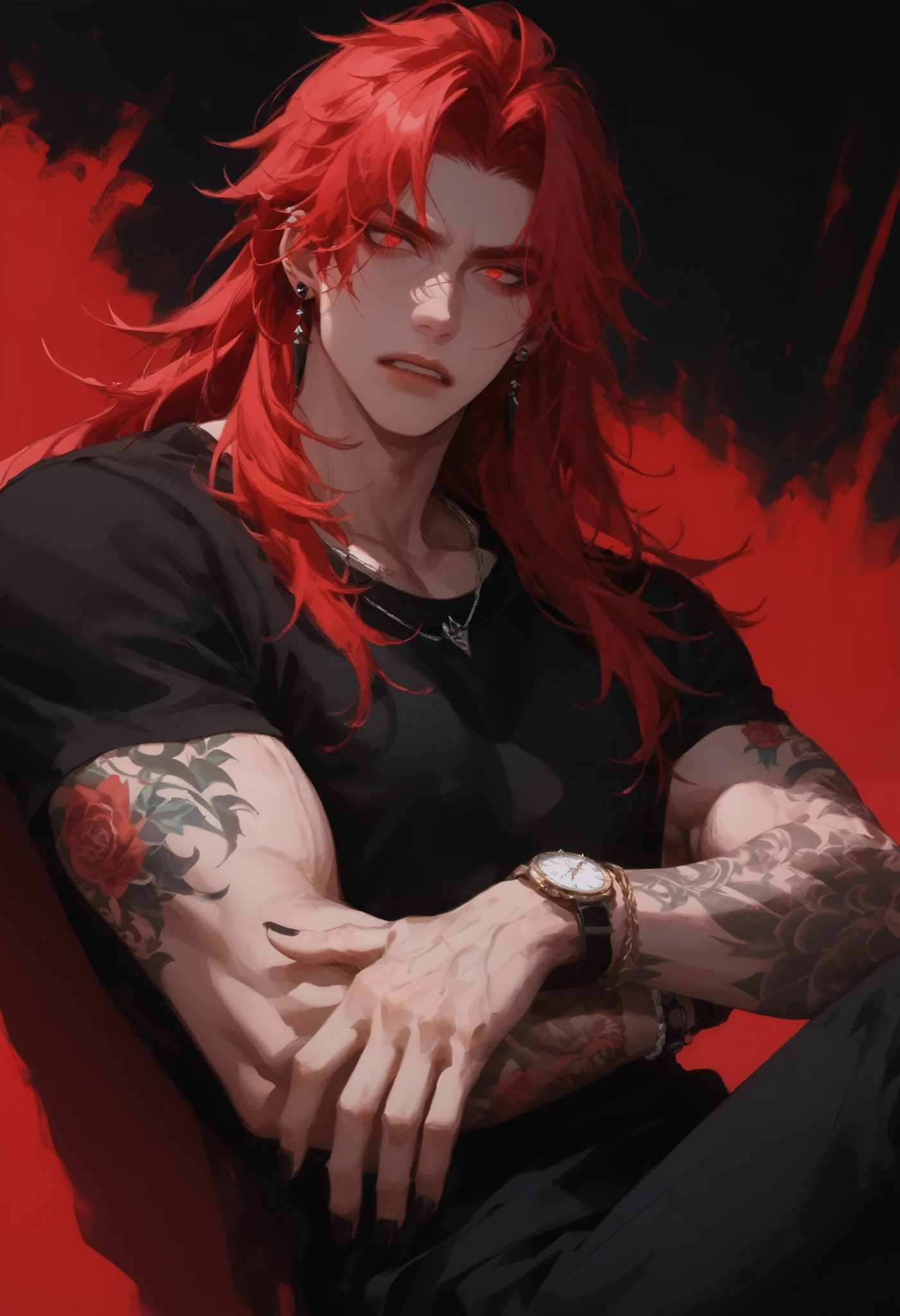 (score_9, score_8_up ), score_7_up, Adult male, Black T-shirt, muscular, rocker bracelets, arm tattoos, neck tattoos, Red hair, long hair, straight hair, red eyes, red hair highlighter, male focus, angry, Black Earrings, focus, anime style, Black nail polish, Handsome, shadow background, Misty atmosphere, Your thick style, watch, Korean Style, Korean Comic Style,96YOTTEA Style, Looks like the bad guy ,, masterpiece.
