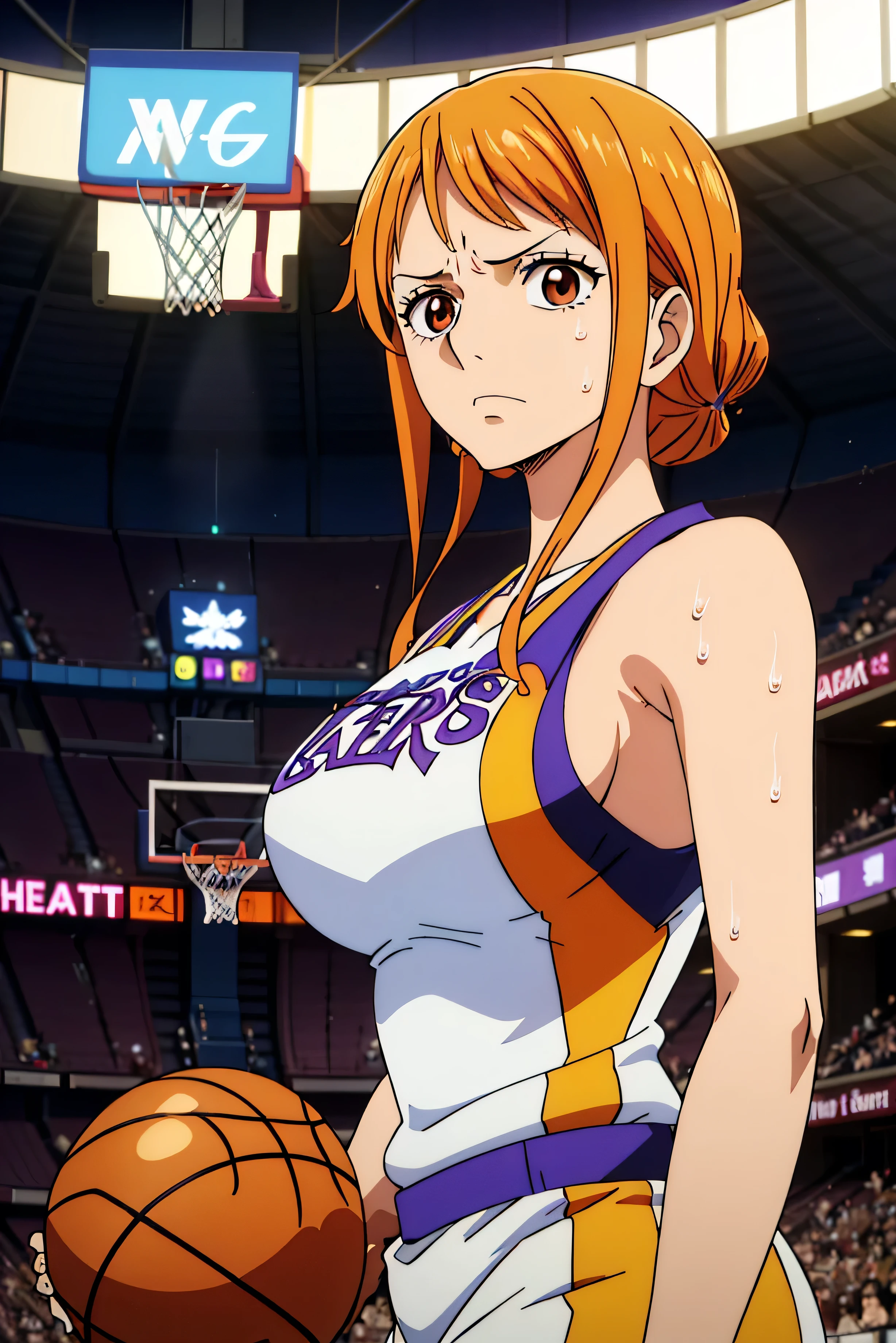 young woman wearing a yellow Los Angeles Lakers basketball jersey.
	•	She has long, orange  hair, and her brown eyes stand out against her fair skin.
	•	Her face and body are covered in sweat, and she appears to be in an intense moment, possibly after physical activity.
	•	The setting appears to be an indoor basketball court or arena, with bright lights and a blurred background.

Location of Elements:
	•	The woman is positioned in the foreground, taking up most of the frame.
	•	Her face is tilted slightly upward, and she has a somewhat determined or exhausted expression.
	•	The Los Angeles Lakers logo is prominently displayed on her jersey.
	•	Bright lights in the top-left corner and reflections suggest a stadium or sports setting.

Additional Details:
	•	The sweat droplets are carefully illustrated, emphasizing heat, effort, or intensity.
	•	Her hair has strands falling over her face, adding to the dramatic, immersive feel of the scene.
	•	The lighting has a warm, golden glow, which could symbolize stadium lights or sunset lighting.
	•	The art style is highly detailed, with shading, reflections, and smooth color gradients. Big boobs, bigger  sweets boobs,
