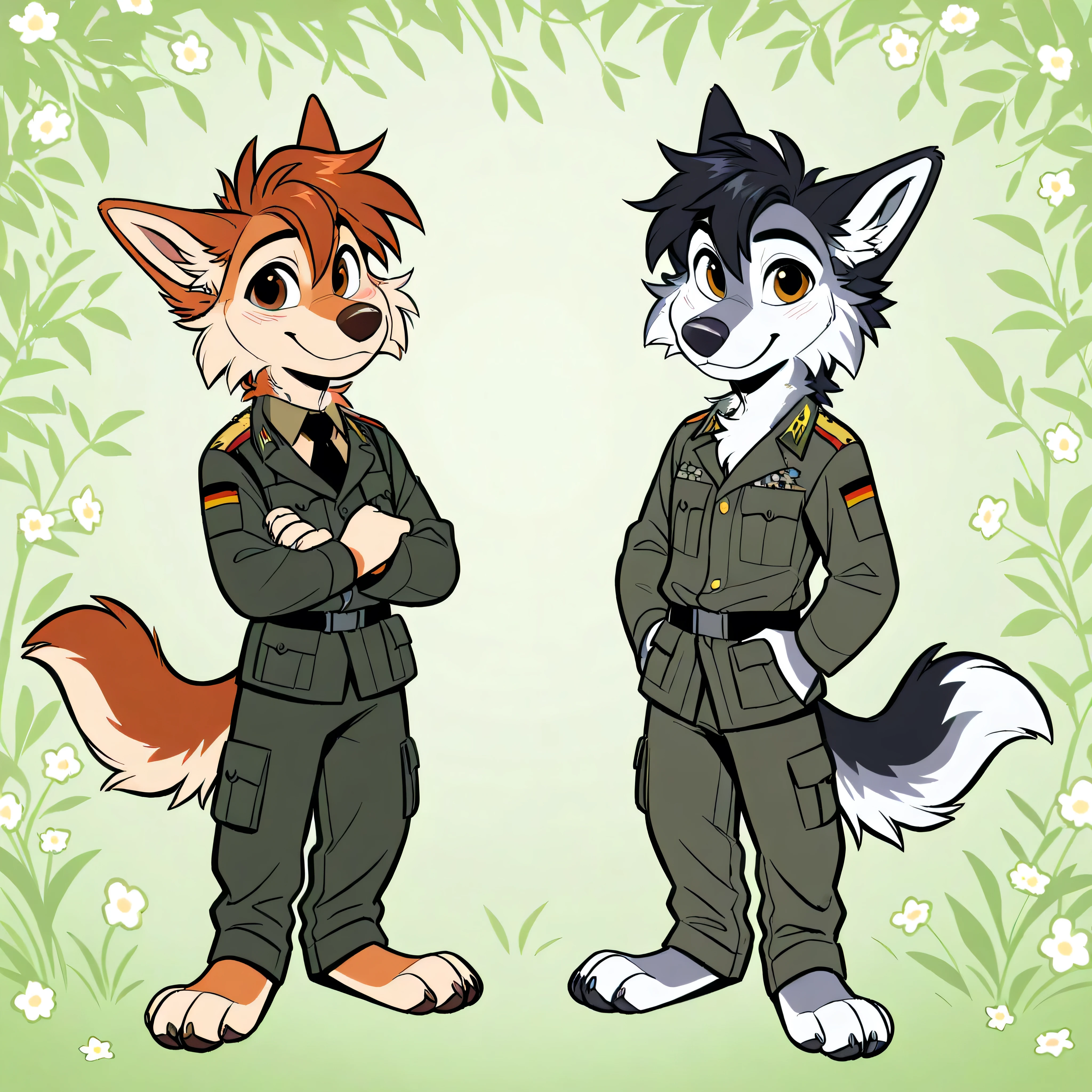 adult, canine, anthro, anthromorphic, wolf, fur, furred_anthro, fluffy_tail. , male, ear_tufts, gray_nose, gray_fingers, hair_tuft, short_tail, fluffy, canine_ears, expressive_eyes, brown_eyes, light looking_at_viewer, standing, gray_paws, gray_fur, tail, tail_connected_to_body digital_art, high_resolution, high_res, fit, cute, dark_green_pants, white_dresshirt, black_tie ,german_gray__dress_uniform, content_expression, meadow_background, brown_fedora