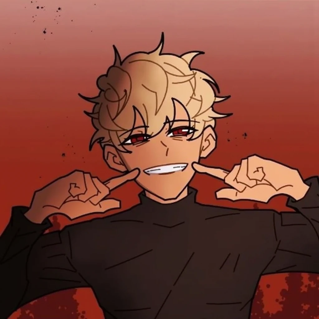 Blond highschooler, red eyes, grinning, white, messy hair, webtoon