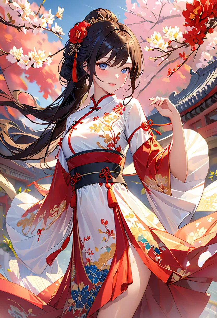 back view ((body paint style)), (((in a beautiful Body Paint Art is Cherry Blossom))) solo ((blunt bangs)) (black hair long hair cute Shrine maiden girl, 15 yo, sexy closed eyes, cute smile), perfect anatomy, masterpiece, best quality, 16k.