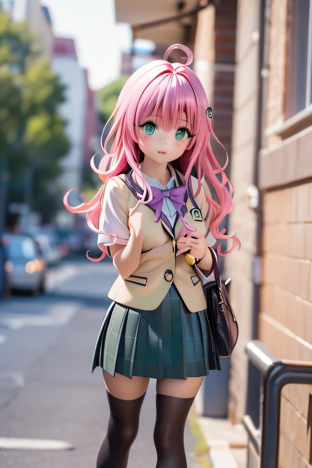 top quality, highest resolution ,(((metallic shiny school uniform shiny pink hair shiny skin green eyes girl)))