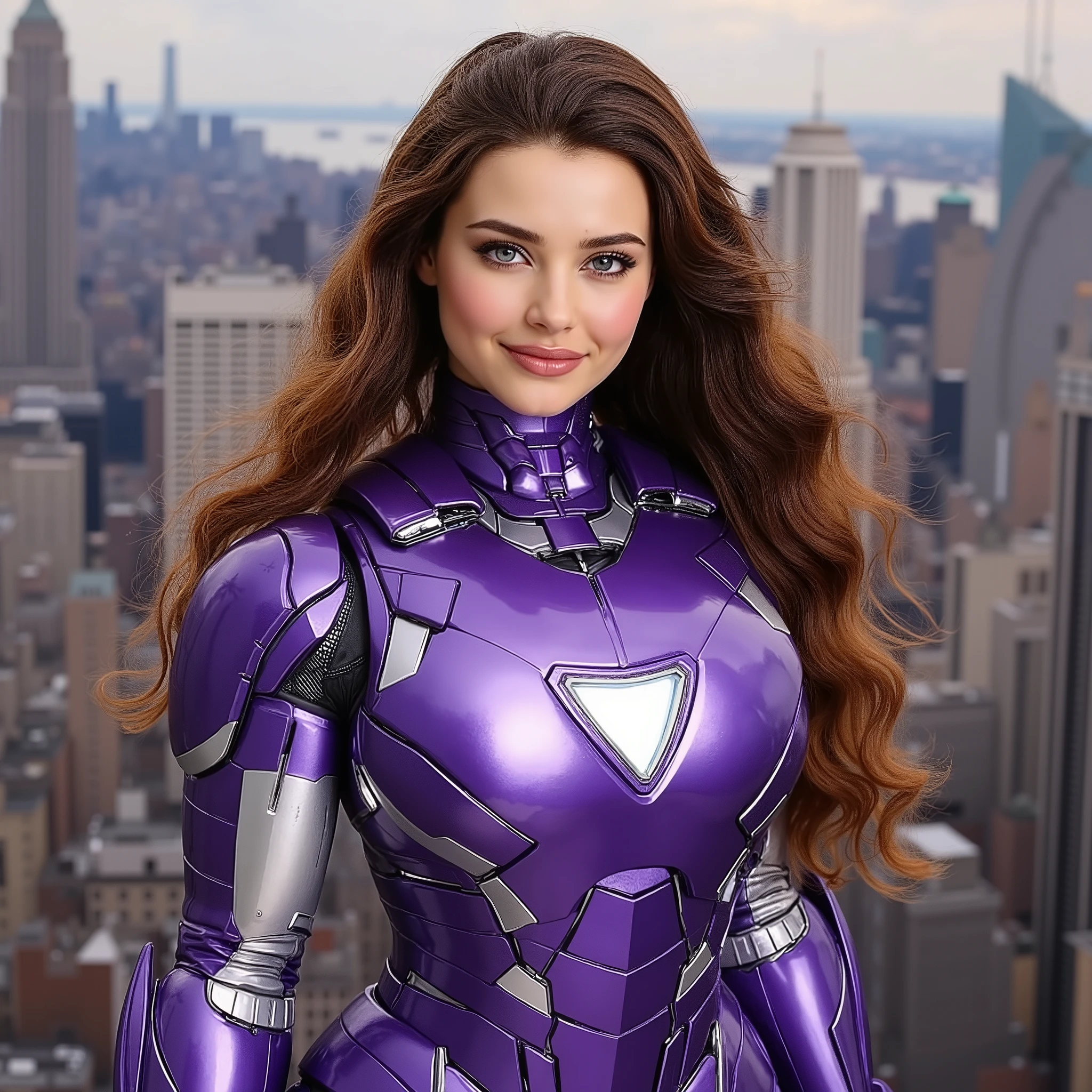 ((( young woman with a confident smile, wearing Marvel's Iron Man armor, violet and lilac armor:1.5, Without the armor helmet, White shooting star symbol in the middle of the trunk:1.7))), ((( brown-colored eyes,  very long hair wavy at the ends,  light brown hair,  hair combed sideways ,  slightly plump lips , beautiful face,  white skin,  freckles on the face ))), ((( New York scenery ,  bustling city, Flying close to the buildings))), (((full body art, scenery rich in details))).