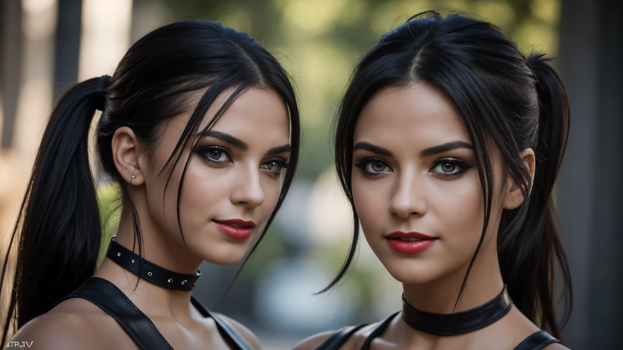 masterpiece,best qualtiy,hdr, hyper HD, 8K,Bokeh,Ultra-fine painting,Sharp focus,Physically-based rendering,Extreme detail description,half-body photo, 2 women, 18 years old, (long Shag_cut hair), (big breasts:1.3), (smile:0.95), choker, (black eyeshadow:1.1), (red lips:0.90), looking at viewer, (EOS R8, 50 millimeters, F1.2, 8K, RAW photo:1.2)
