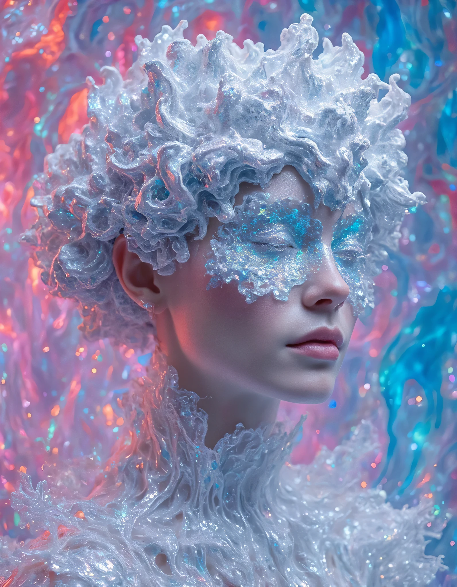 Colorful Vibrating Style Silver /Foam Headpiece , pussy , wavy resin sheet , fun chaos , close-up, glitter, transparent /Translucent media, Multi-layered .