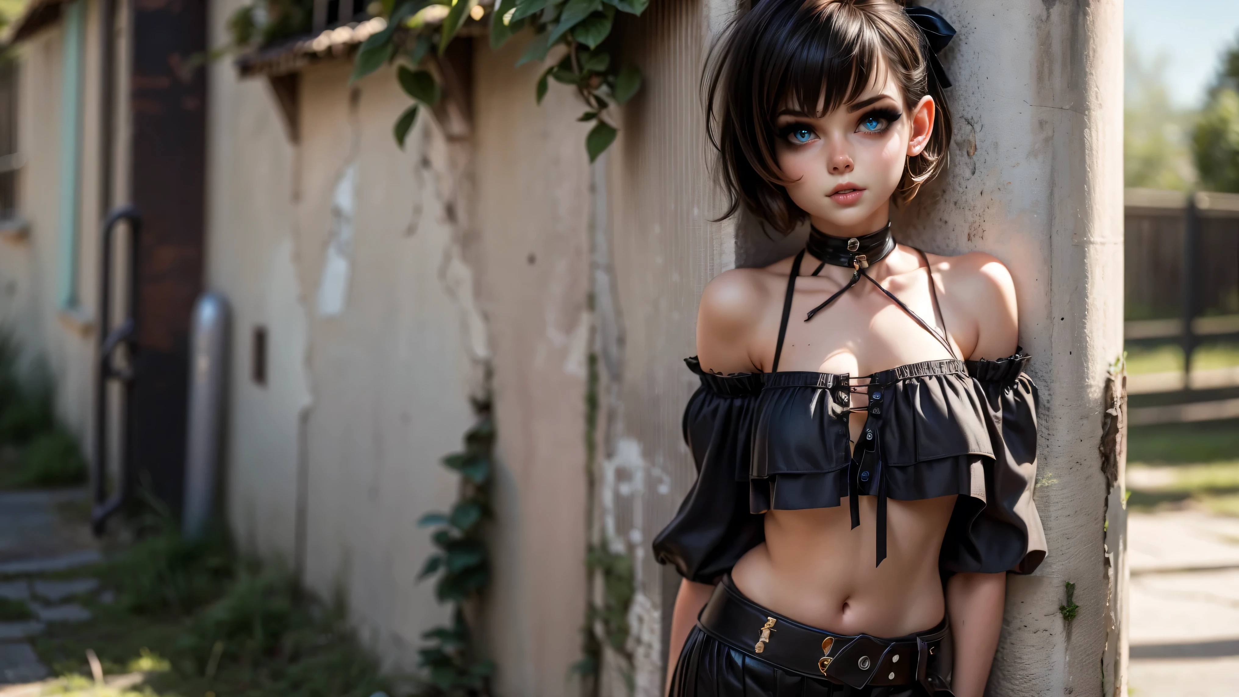 ((1girl, solo)), standing in a dark alley, edgy, goth girl, punk girl, young girl, cute girl, skinny, petite, ((punk makeup)), ((short hair)), ((pixie cut)), ((black hair)), ((streaks in her hair)), ((loose top)), midriff, ((top loosely draped over her breasts)), underboob, looking at viewer, choker, sexy, skirt low on hips, cowboy shot, (full body portrait), beautiful lips, sexy mouth, ribbon, hair ribbon, bangs, upper body, blue eyed, bangs, ribbon, meadow background, springtime, leaning against a wall in a dark alley,