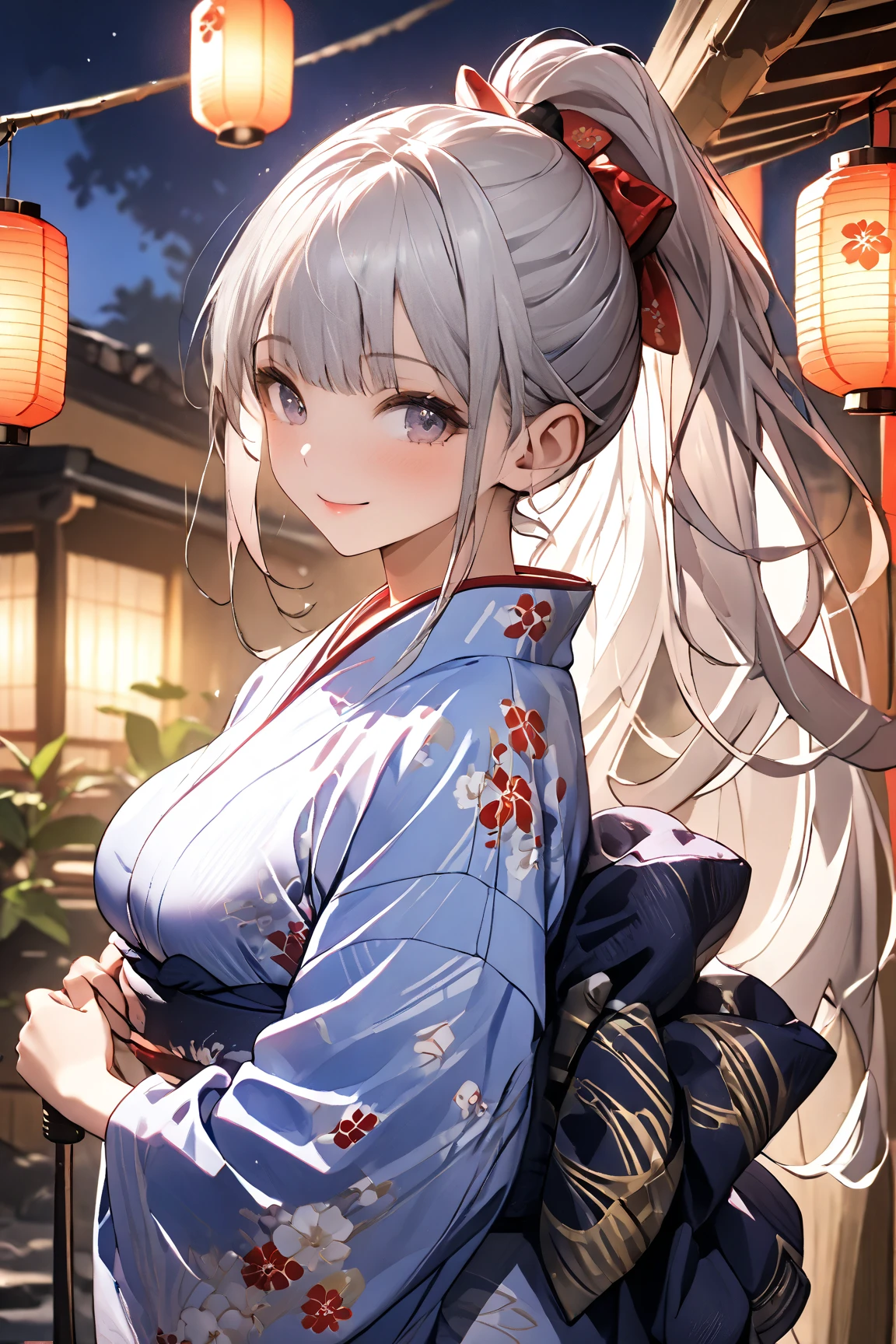 (((masterpiece))), ShizukaMikazuki, One Girl, alone, View audience, Long Hair, Gray Hair, Long sleeve, Cleavage, Large Breasts, Mature Body,clavicle,, blue eyes, High Ponytail, The look of temptation,Embarrassed face, Japanese high , , Blouse with collar,Navy blue mini skirt, Navy blue head ribbon, Surprised and delighted,Nature at dusk