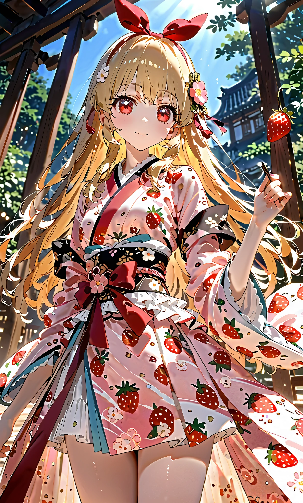(masterpiece, best quality, highly detailed, ultra detailed, high resolution, absurdres, 4K, 8K:1.2), (official art, incredibly fine illustration, extremely detailed CG, detailed background, cinematic lighting, dynamic angle, perfect hands, detailed shiny skin, detailed hair, detailed eyes)(extremely awesome detailed pretty li face,beauty face)(extremely detailed)(Three-dimensional depiction)
BREAK,Wholesome, (red ribbon on headband: 1.2), girl in a very beautiful strawberry kimono, strawberry kimono, luxurious obi, clothes, small breasts, New Year's, blonde hair, red eyes, red jewel ribbon, best shot, more Breast up, line of sight, Ichigo Hoshimiya, no nudity: 2.2,