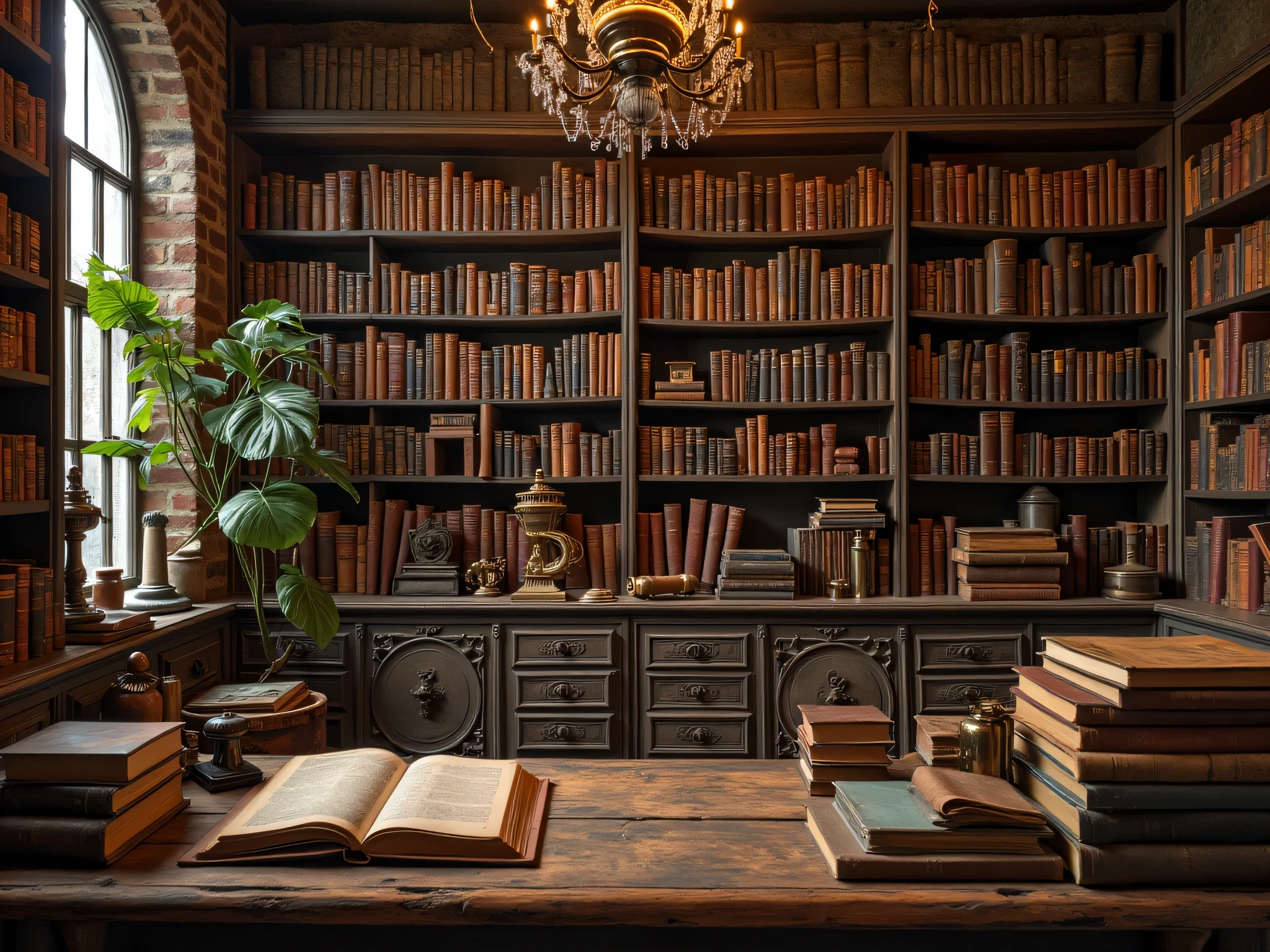 3d render of a vintage, cozy interior lighting, artstation, ultra detailed, cinematic, daz, hyper realistic, octane, It is a real bookstore with bookshelves and windows at night. Artwork table decoration with handmade realistic dollhouse, 3DMDT1
