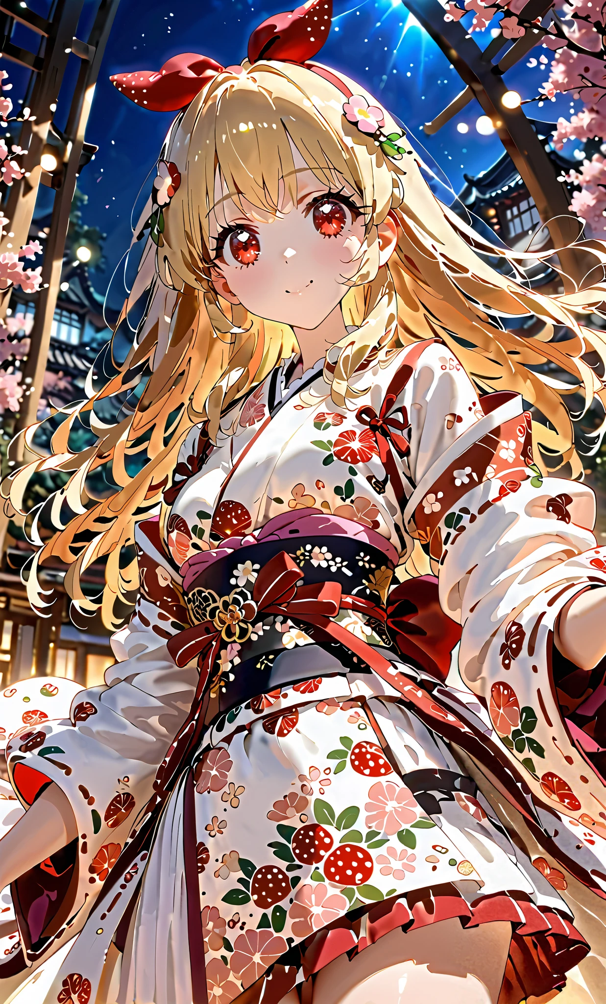(masterpiece, best quality, highly detailed, ultra detailed, high resolution, absurdres, 4K, 8K:1.2), (official art, incredibly fine illustration, extremely detailed CG, detailed background, cinematic lighting, dynamic angle, perfect hands, detailed shiny skin, detailed hair, detailed eyes)(extremely awesome detailed pretty li face,beauty face)(extremely detailed)(Three-dimensional depiction)
BREAK,Wholesome, (red ribbon on headband: 1.2), girl in a very beautiful strawberry kimono, strawberry kimono, luxurious obi, clothes, small breasts, New Year's, blonde hair, red eyes, red jewel ribbon, best shot, more Breast up, line of sight, Ichigo Hoshimiya, no nudity: 2.2,