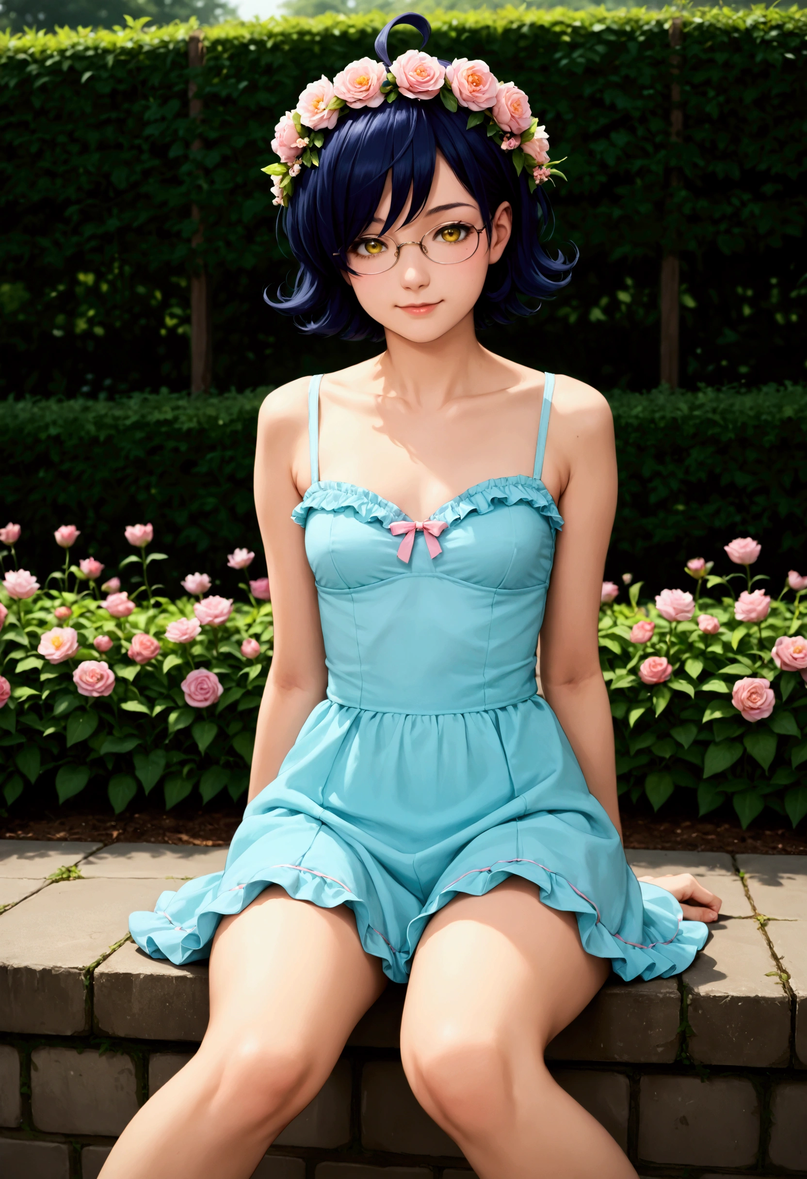score_9, score_8_up, score_7_up, score_6_up, 16k, high detailed picture, realistic style, masterpiece, very young girl, no panty, perfect absolutely small breasts, disheveled hair, full body shot, rounded face, catlike smile, snub nose, a long strand of bangs hangs between her right eye, hair over one eye, ariawm, mz, ahoge, short hair, blue hair, yellow eyes, glasses, very short tight puffy dress, chamomile field, a girl sitting in the center, a wreath of flowers on her head, fairykei, pastel colours, grey1024