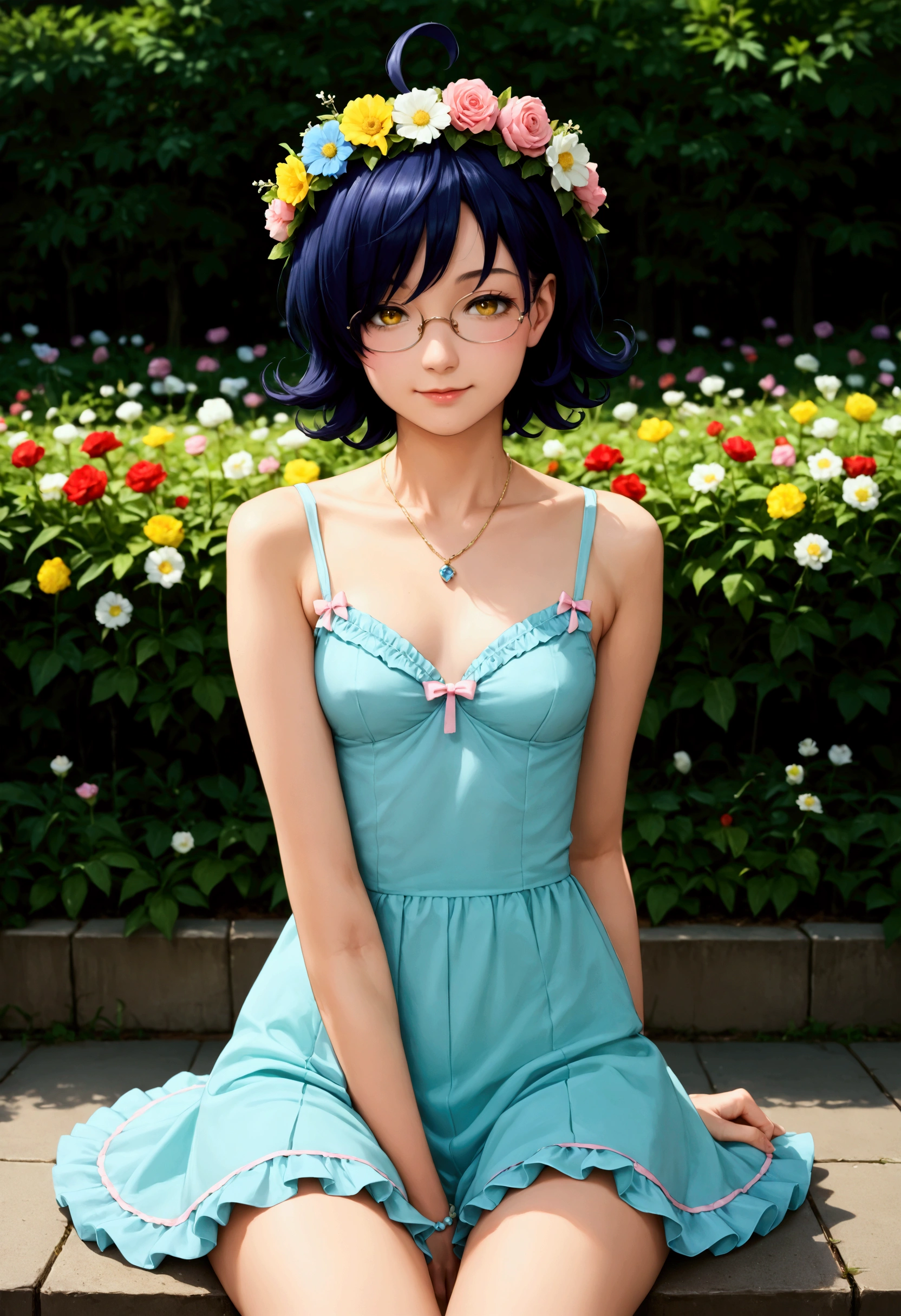 score_9, score_8_up, score_7_up, score_6_up, 16k, high detailed picture, realistic style, masterpiece, very young girl, no panty, perfect absolutely small breasts, disheveled hair, full body shot, rounded face, catlike smile, snub nose, a long strand of bangs hangs between her right eye, hair over one eye, ariawm, mz, ahoge, short hair, blue hair, yellow eyes, glasses, very short tight puffy dress, chamomile field, a girl sitting in the center, a wreath of flowers on her head, fairykei, pastel colours, grey1024