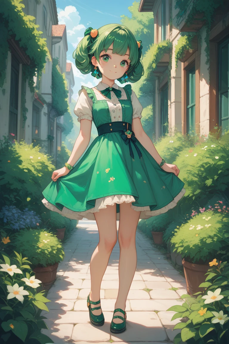 10 year old girl underwear, Realistic panties and bloomers made from patterned cotton fabric, Bright green medieval one-piece dress with white embroidery and panniers, Fabric Realism, Low - Angle, You can see the drawer, Pull up the dress by hand, Strong winds, Translucent slip, Translucent slip, tights, Highest quality, Crotch close-up, whole body, Skirt lining