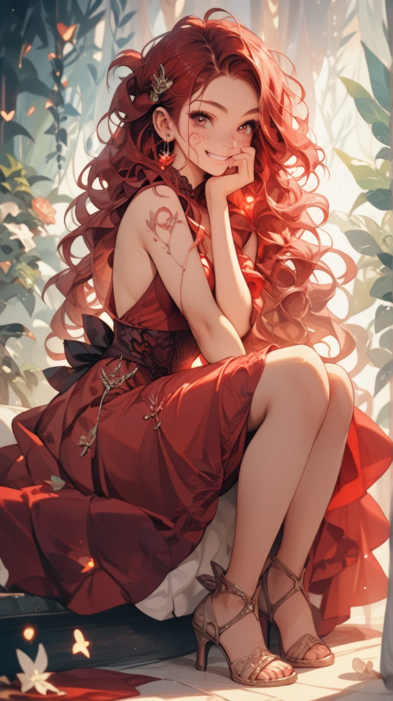 Illustration of naked red-haired woman on a Victorian bed, cubierta parcialmente con sabana roja, en un cuarto gigante cubierto de pinturas con una ventana semiabierta, de espaldas