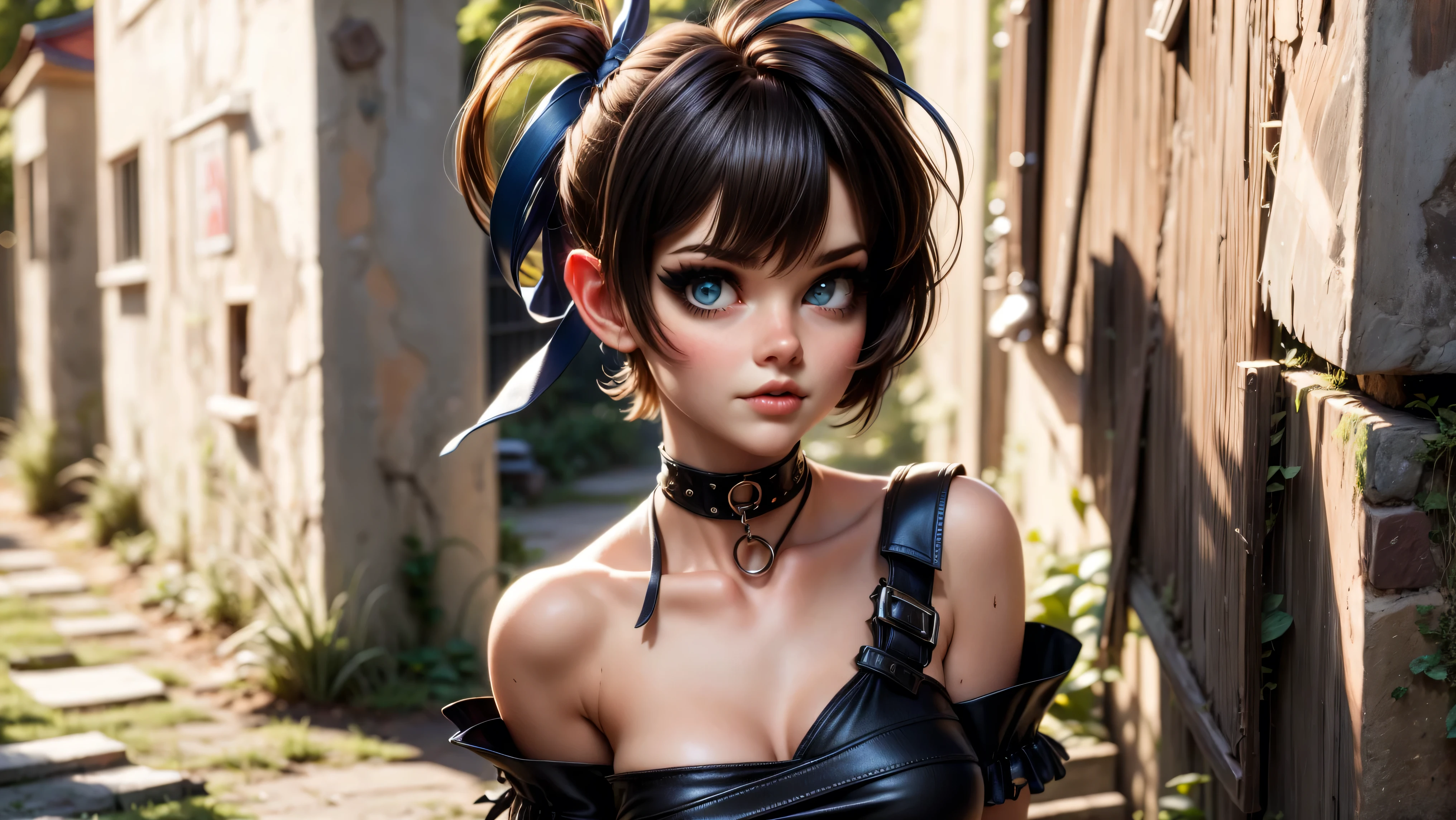 ((1girl, solo)), standing in a dark alley, edgy, goth girl, punk girl, young girl, cute girl, skinny, petite, ((punk makeup)), ((short hair)), ((pixie cut)), ((black hair)), ((streaks in her hair)), ((loose top)), midriff, ((top loosely draped over her breasts)), underboob, looking at viewer, choker, sexy, skirt low on hips, cowboy shot, (full body portrait), beautiful lips, sexy mouth, ribbon, hair ribbon, bangs, upper body, blue eyed, bangs, ribbon, meadow background, springtime, leaning against a wall in a dark alley,